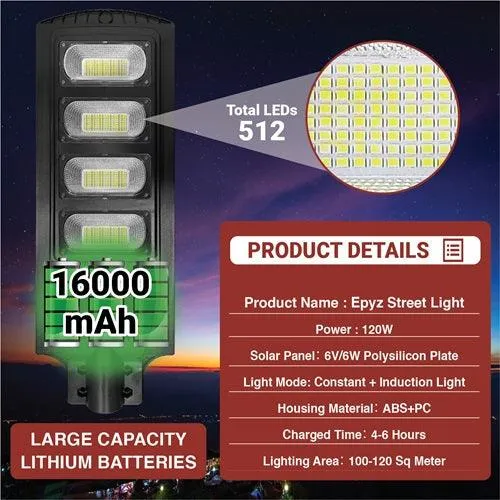 120 Watt Solar Street Light for Outdoor With Pole (White Light)