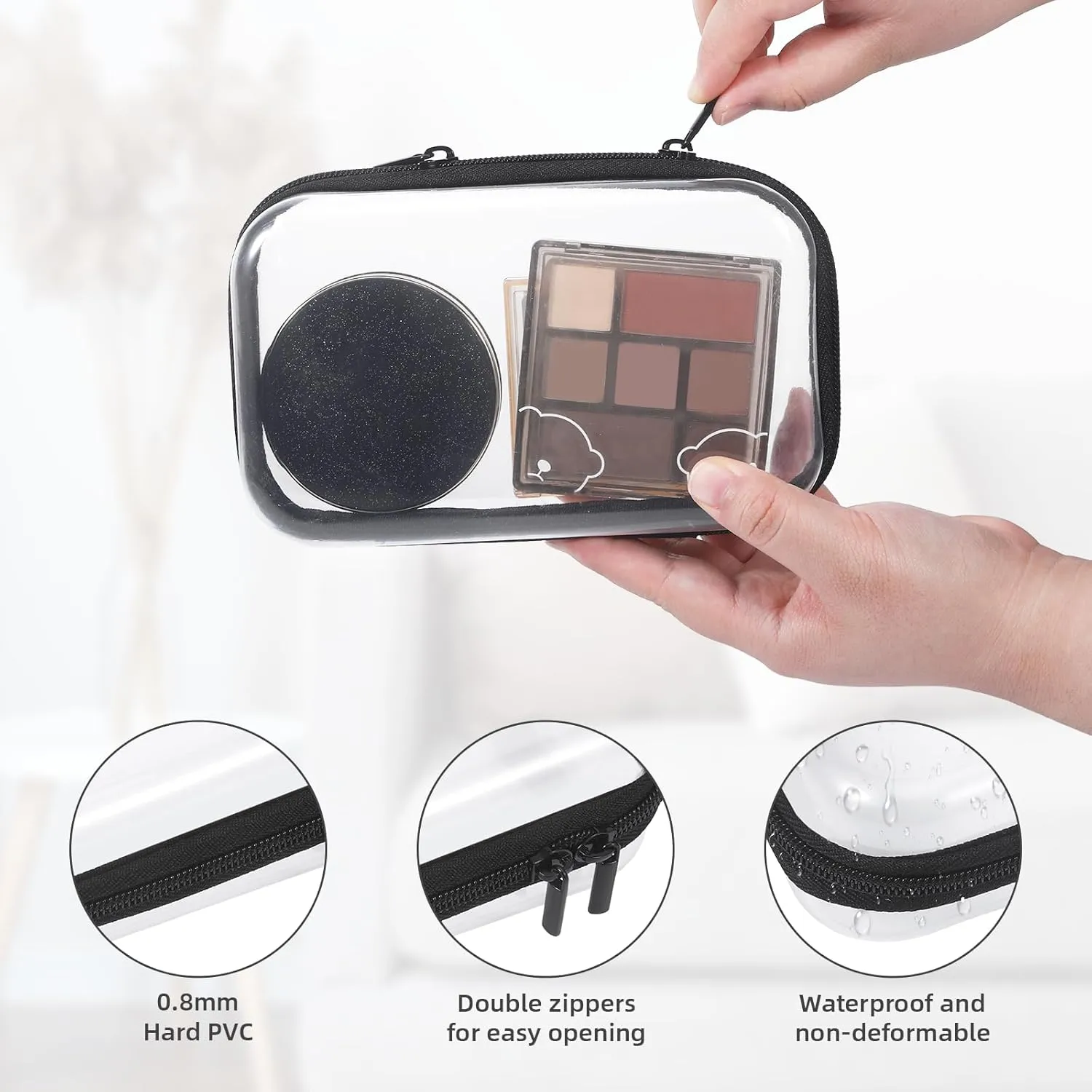 4 Pcs Clear Hard Shell Zipper Case, Transparent Hard Clear Zipper Case, Medium Portable Travel Makeup Bag Organizer Bin for Pencil Cosmetics Building Blocks Puzzles(Black and White)