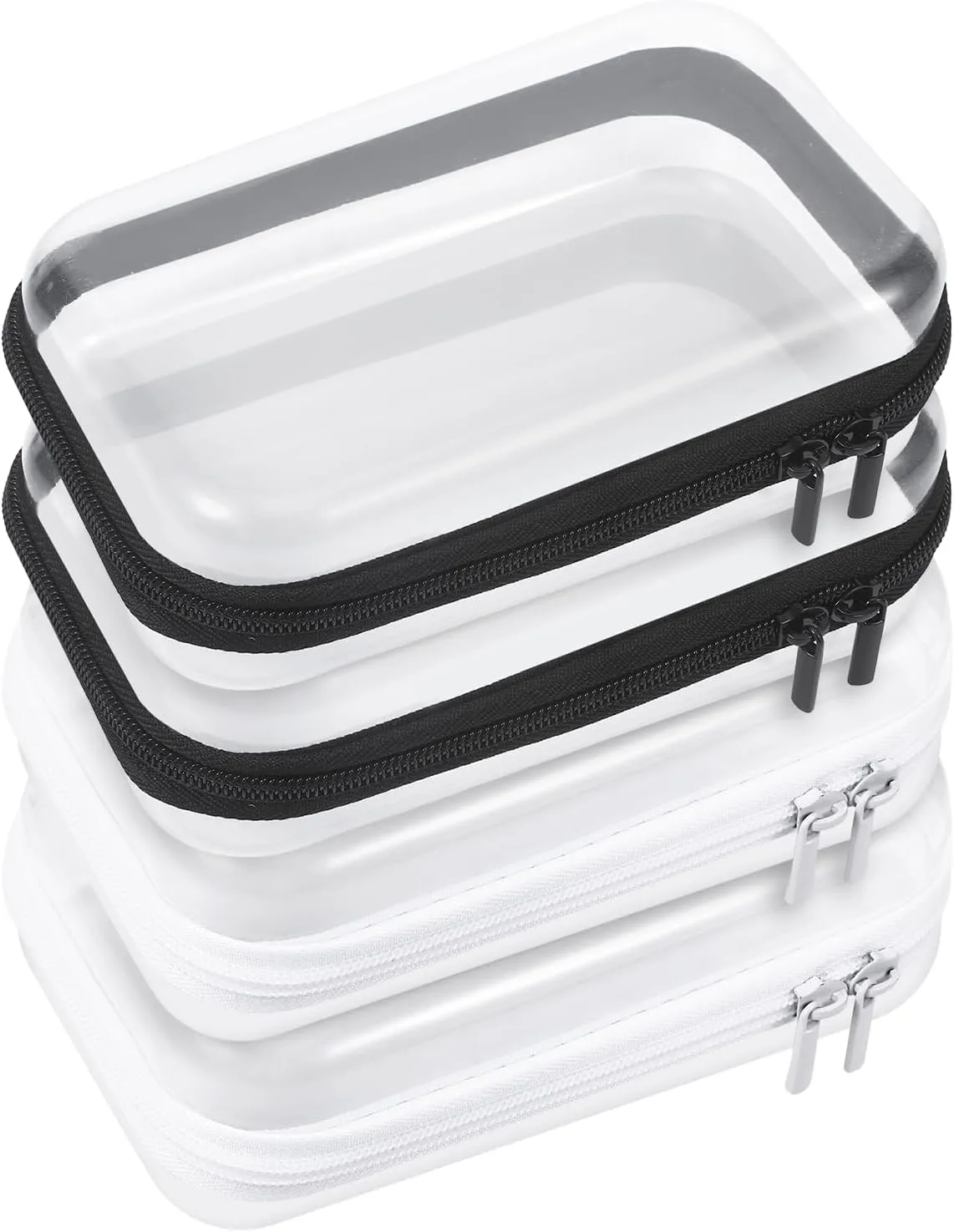4 Pcs Clear Hard Shell Zipper Case, Transparent Hard Clear Zipper Case, Medium Portable Travel Makeup Bag Organizer Bin for Pencil Cosmetics Building Blocks Puzzles(Black and White)