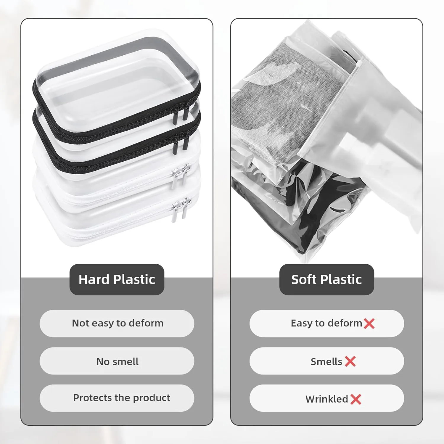 4 Pcs Clear Hard Shell Zipper Case, Transparent Hard Clear Zipper Case, Medium Portable Travel Makeup Bag Organizer Bin for Pencil Cosmetics Building Blocks Puzzles(Black and White)