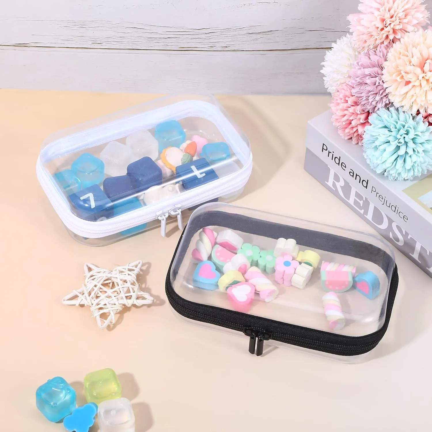 4 Pcs Clear Hard Shell Zipper Case, Transparent Hard Clear Zipper Case, Medium Portable Travel Makeup Bag Organizer Bin for Pencil Cosmetics Building Blocks Puzzles(Black and White)