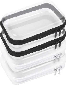 4 Pcs Clear Hard Shell Zipper Case, Transparent Hard Clear Zipper Case, Medium Portable Travel Makeup Bag Organizer Bin for Pencil Cosmetics Building Blocks Puzzles(Black and White)