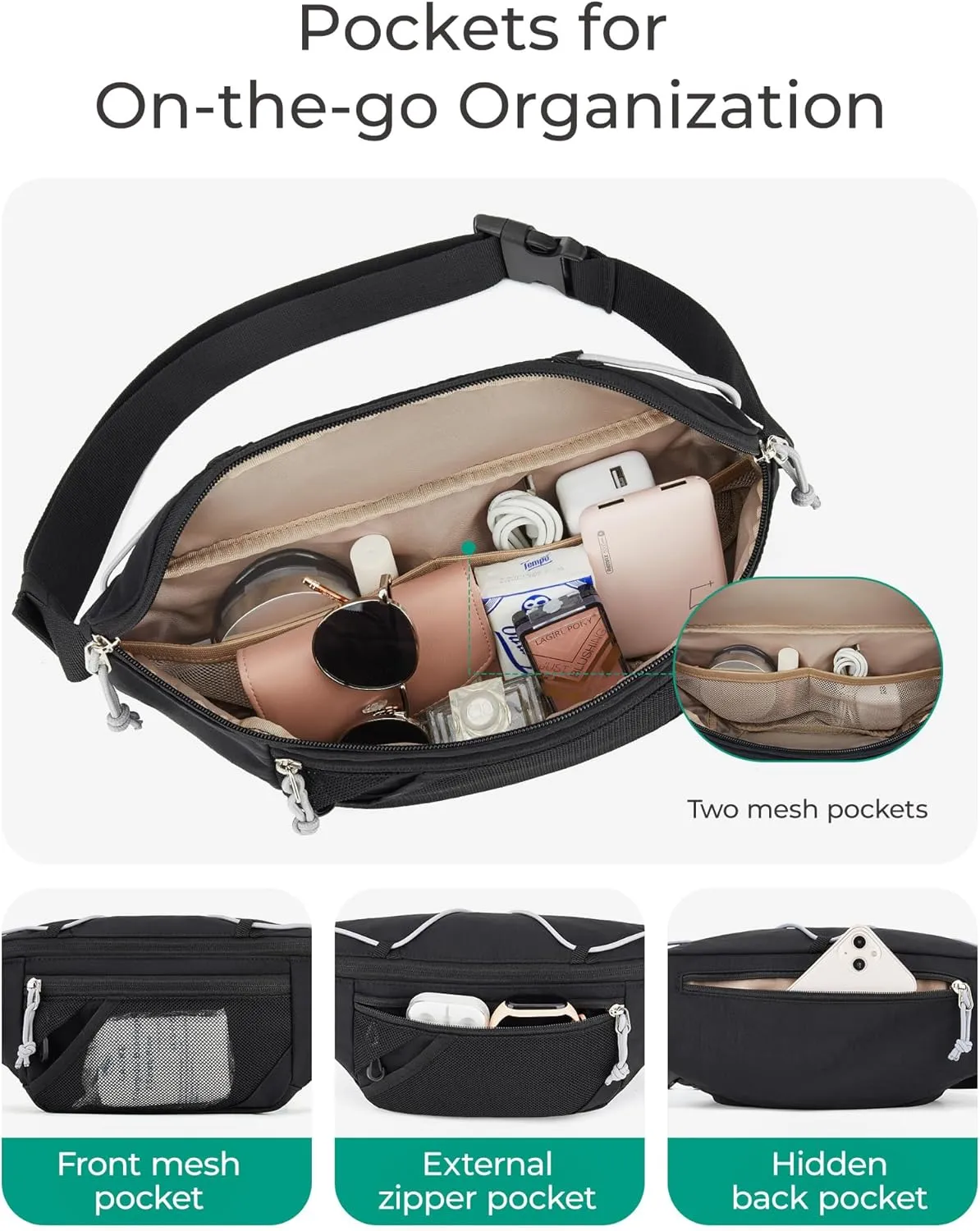 BAGSMART Fanny Packs for Women Belt Bag with Adjustable Strap Crossbody Waist Pack for Running Hiking Workout Travel, Black