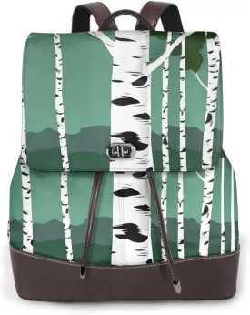 Birch Trees Print Women's PU Leather Backpack, Fashion, Work, Journey Daily Use - Chestnut Brown