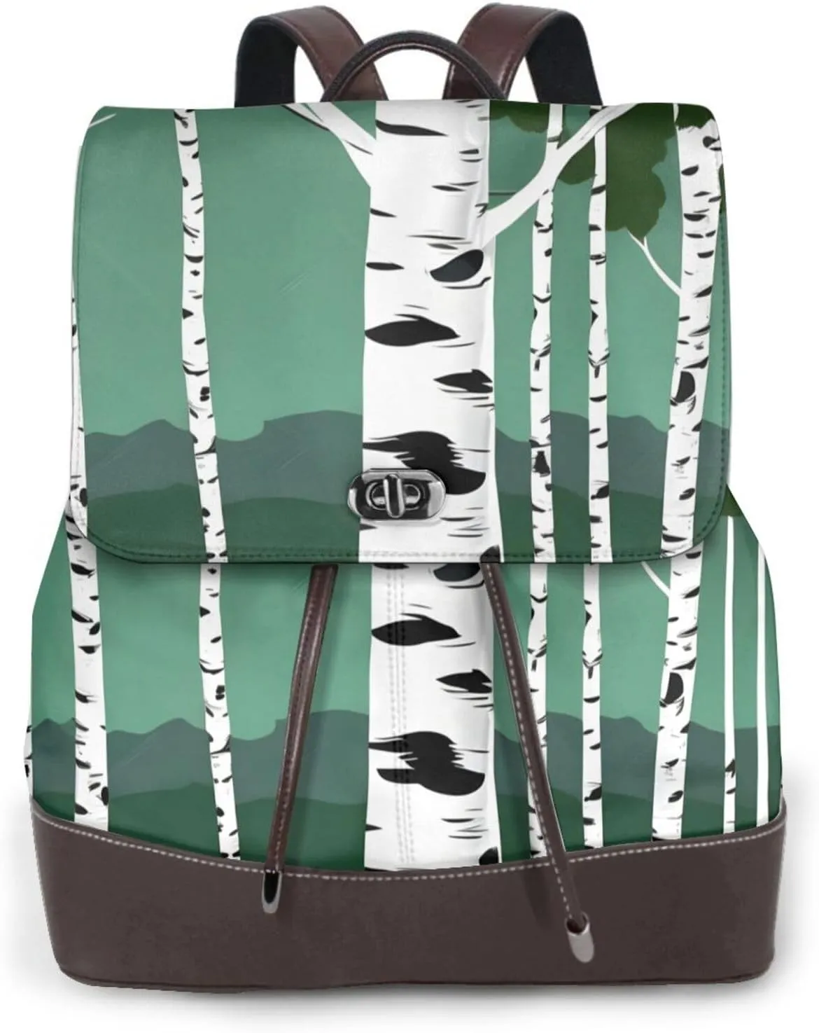 Birch Trees Print Women's PU Leather Backpack, Fashion, Work, Journey Daily Use - Chestnut Brown