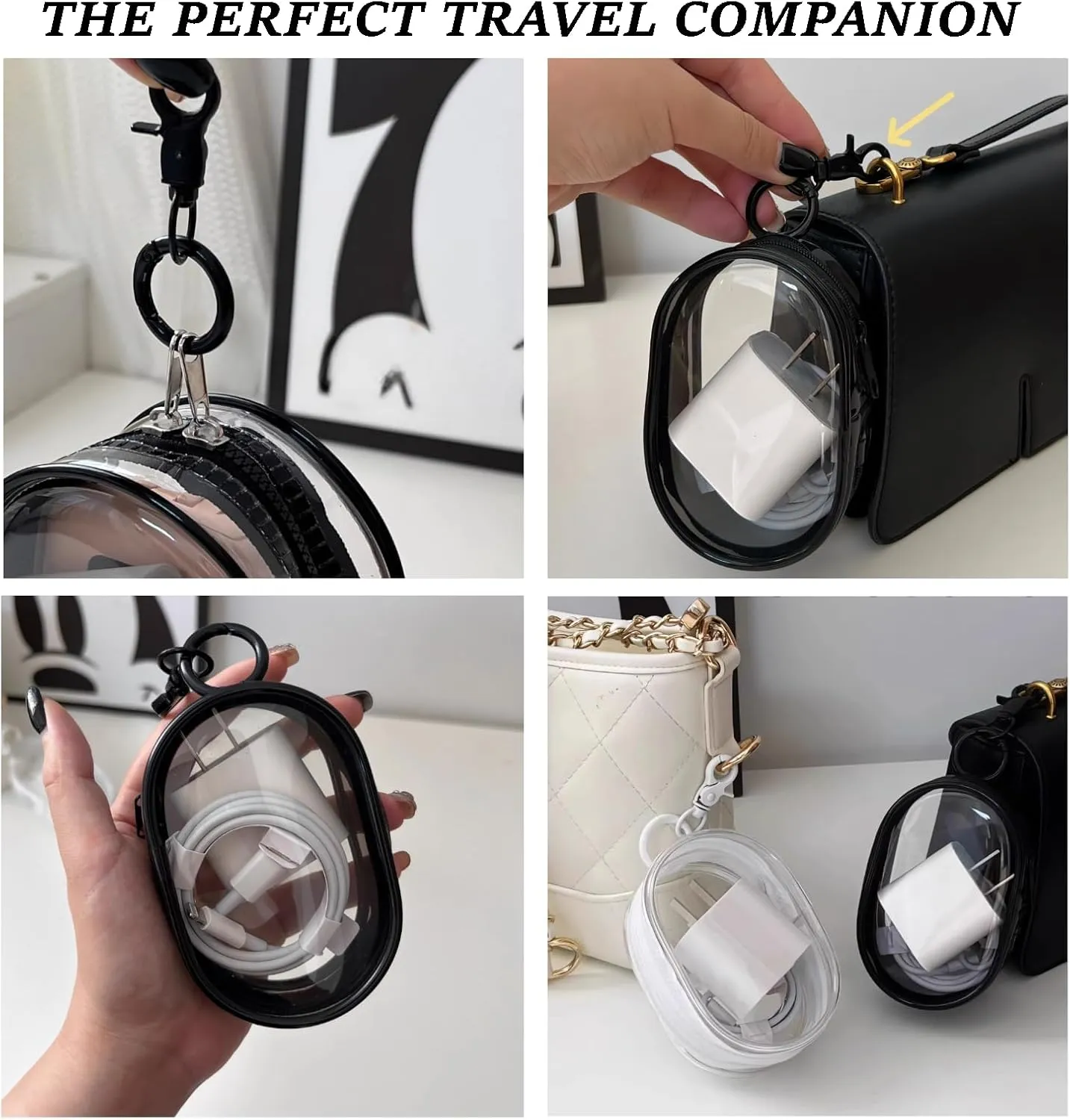 Charging Cable Storage Bag - Transparent Compact Organizer for Travel, Data Cables, Headphones & More | Mini Cord and Charger Organizer (A-Black)
