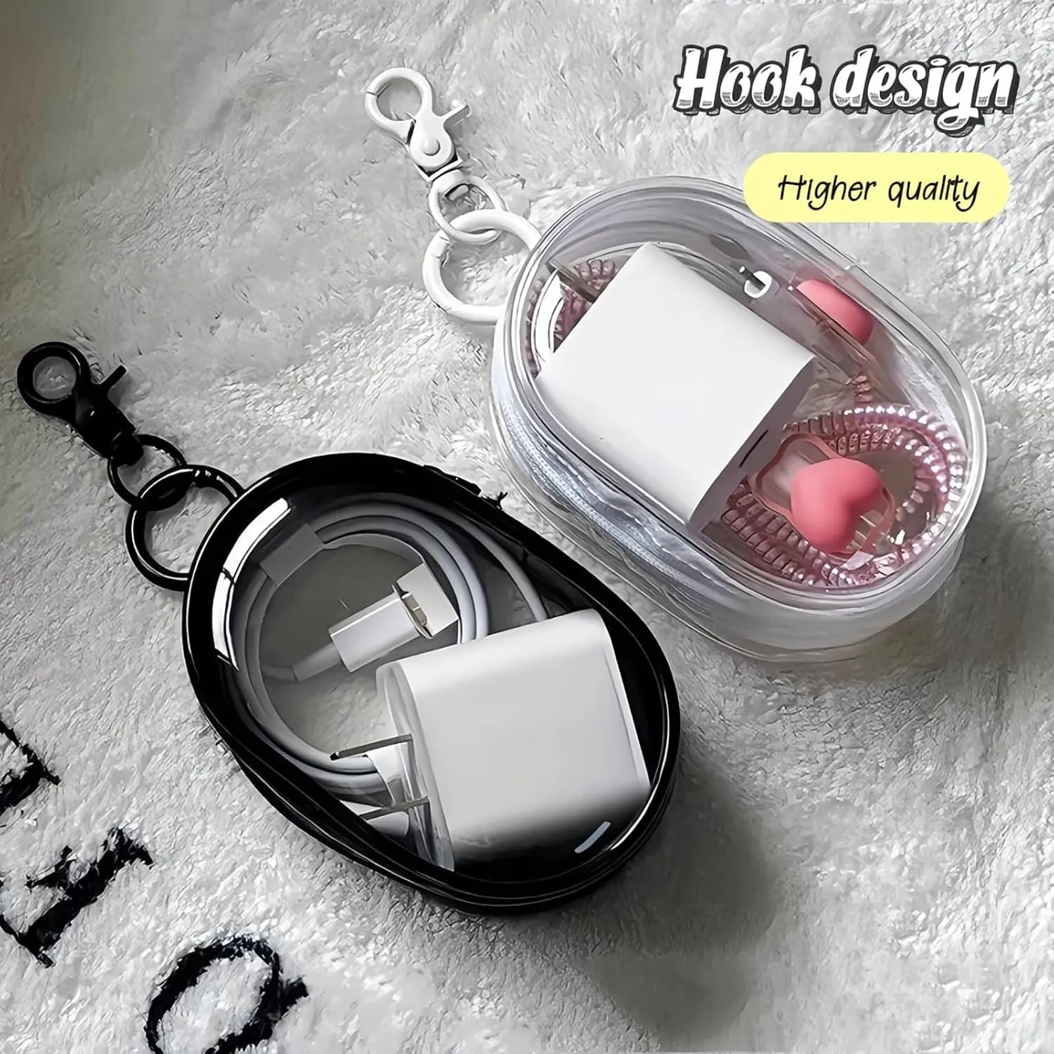 Charging Cable Storage Bag - Transparent Compact Organizer for Travel, Data Cables, Headphones & More | Mini Cord and Charger Organizer (A-Black)