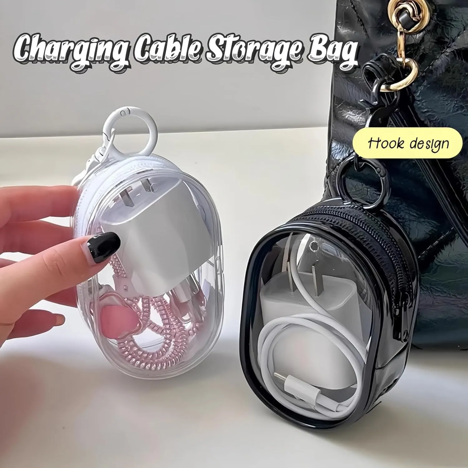 Charging Cable Storage Bag - Transparent Compact Organizer for Travel, Data Cables, Headphones & More | Mini Cord and Charger Organizer (A-Black)