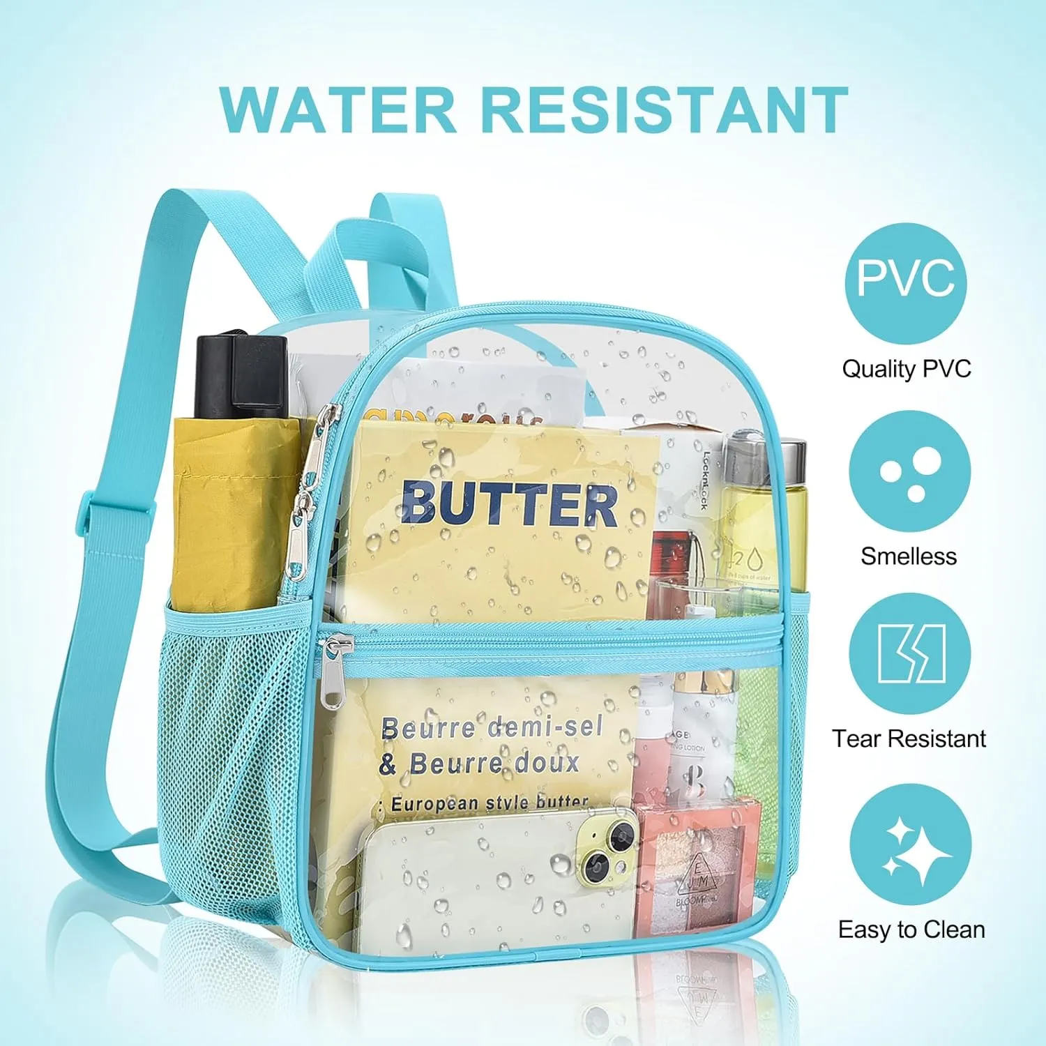 Clear Backpack Stadium Approved 12126 Clear Mini Backpack Small Transparent Backpack for Concert, Beach, Work, Travel & SportingAqua
