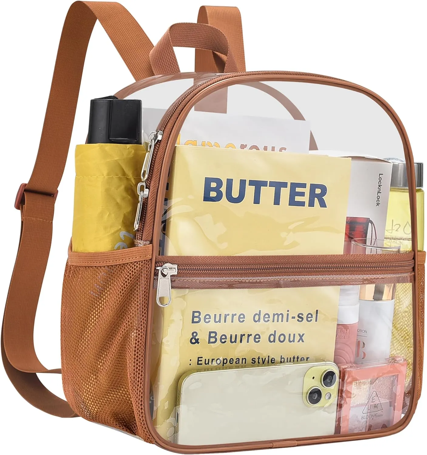 Clear Backpack Stadium Approved 12126 Clear Mini Backpack Small Transparent Backpack for Concert, Beach, Work, Travel & SportingCoffee brown