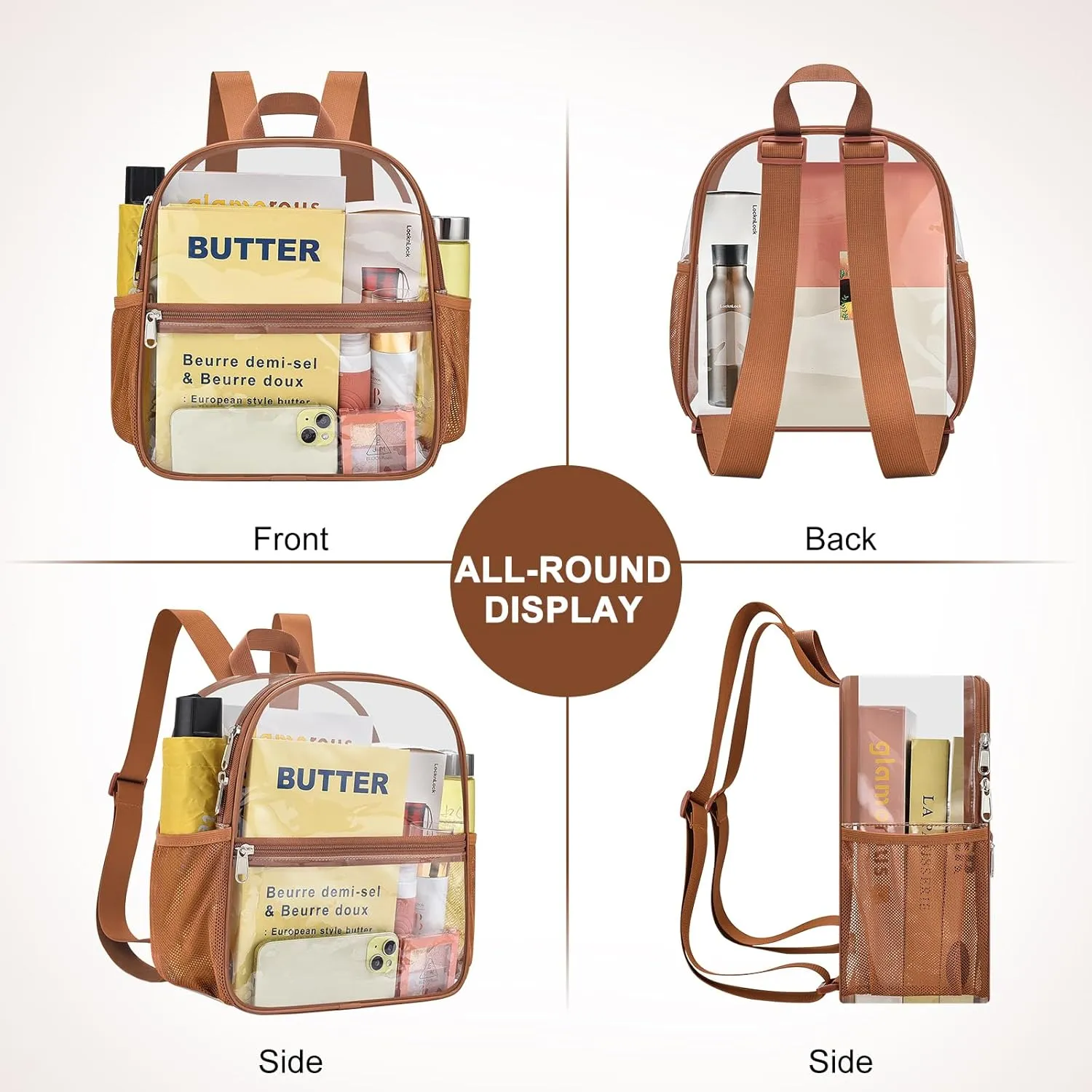 Clear Backpack Stadium Approved 12126 Clear Mini Backpack Small Transparent Backpack for Concert, Beach, Work, Travel & SportingCoffee brown