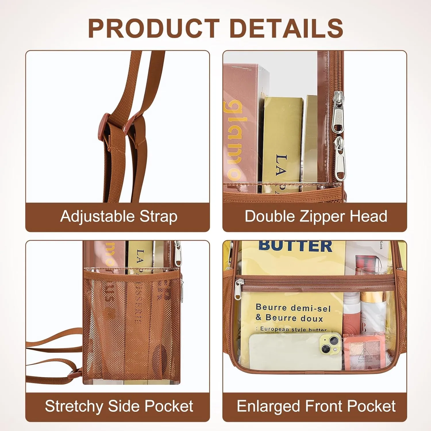 Clear Backpack Stadium Approved 12126 Clear Mini Backpack Small Transparent Backpack for Concert, Beach, Work, Travel & SportingCoffee brown