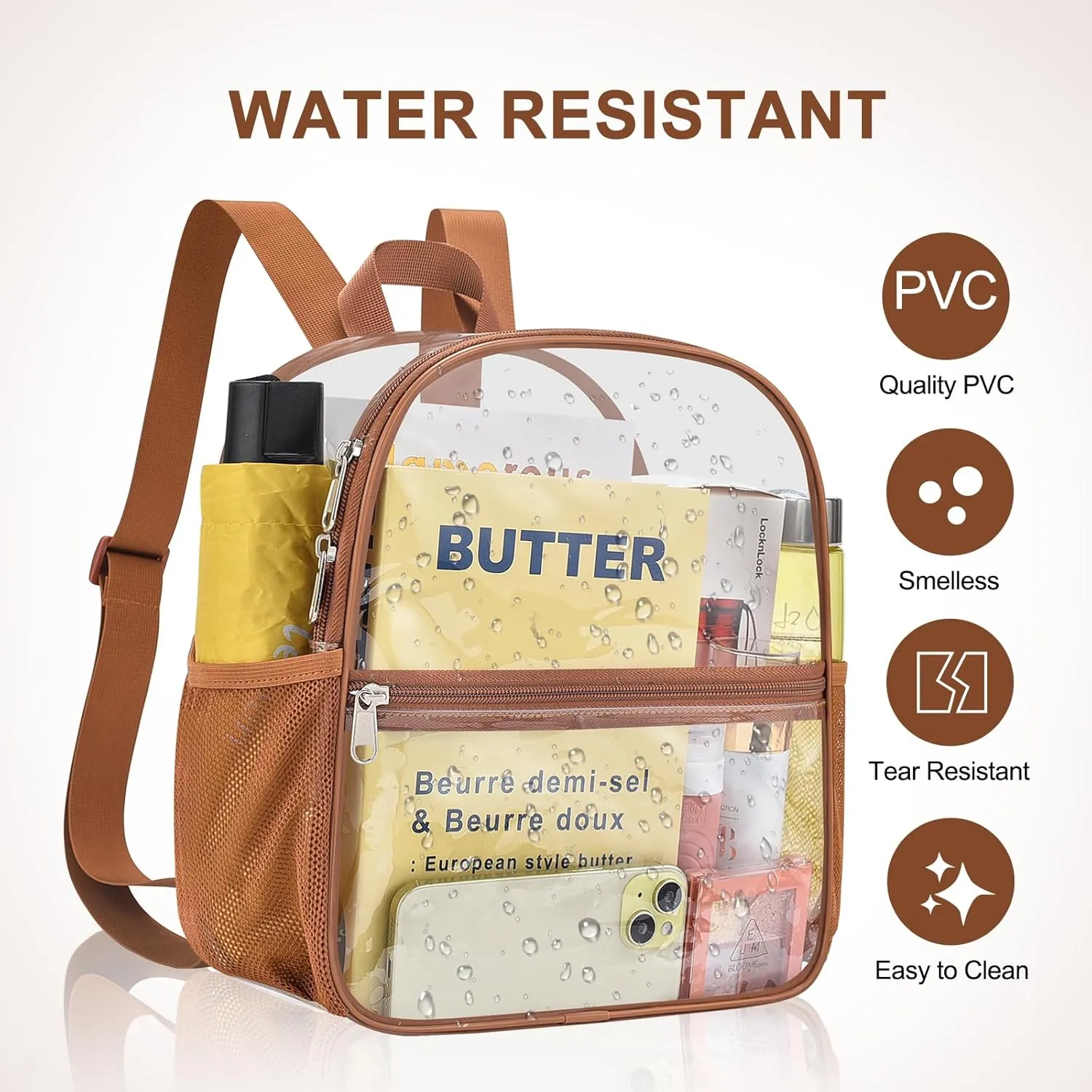 Clear Backpack Stadium Approved 12126 Clear Mini Backpack Small Transparent Backpack for Concert, Beach, Work, Travel & SportingCoffee brown