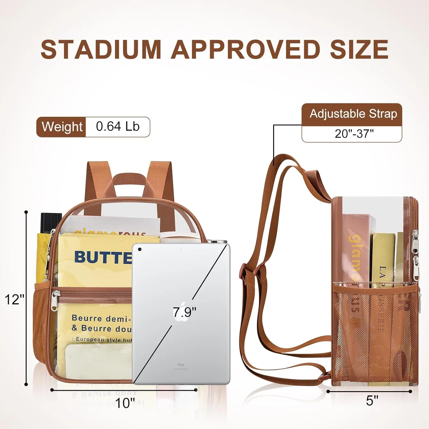 Clear Backpack Stadium Approved 12126 Clear Mini Backpack Small Transparent Backpack for Concert, Beach, Work, Travel & SportingCoffee brown