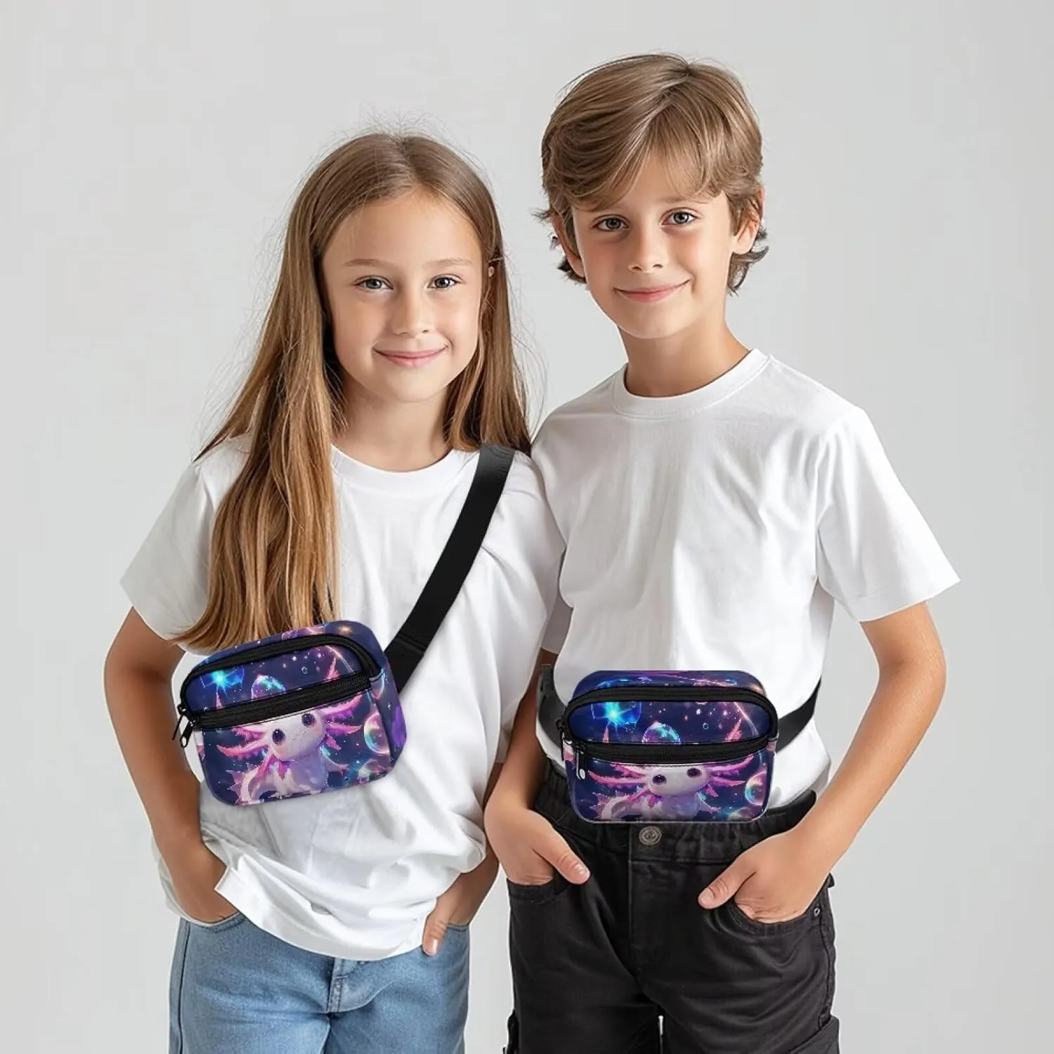 Cozeyat Galaxy Fanny Pack for Girls 6-8 8-10 10-12 Axolotl Girls Cross Body Purse Bum Bag Cute Cartoon Wasit Bag Travel Belt Bag for Outdoor Activity