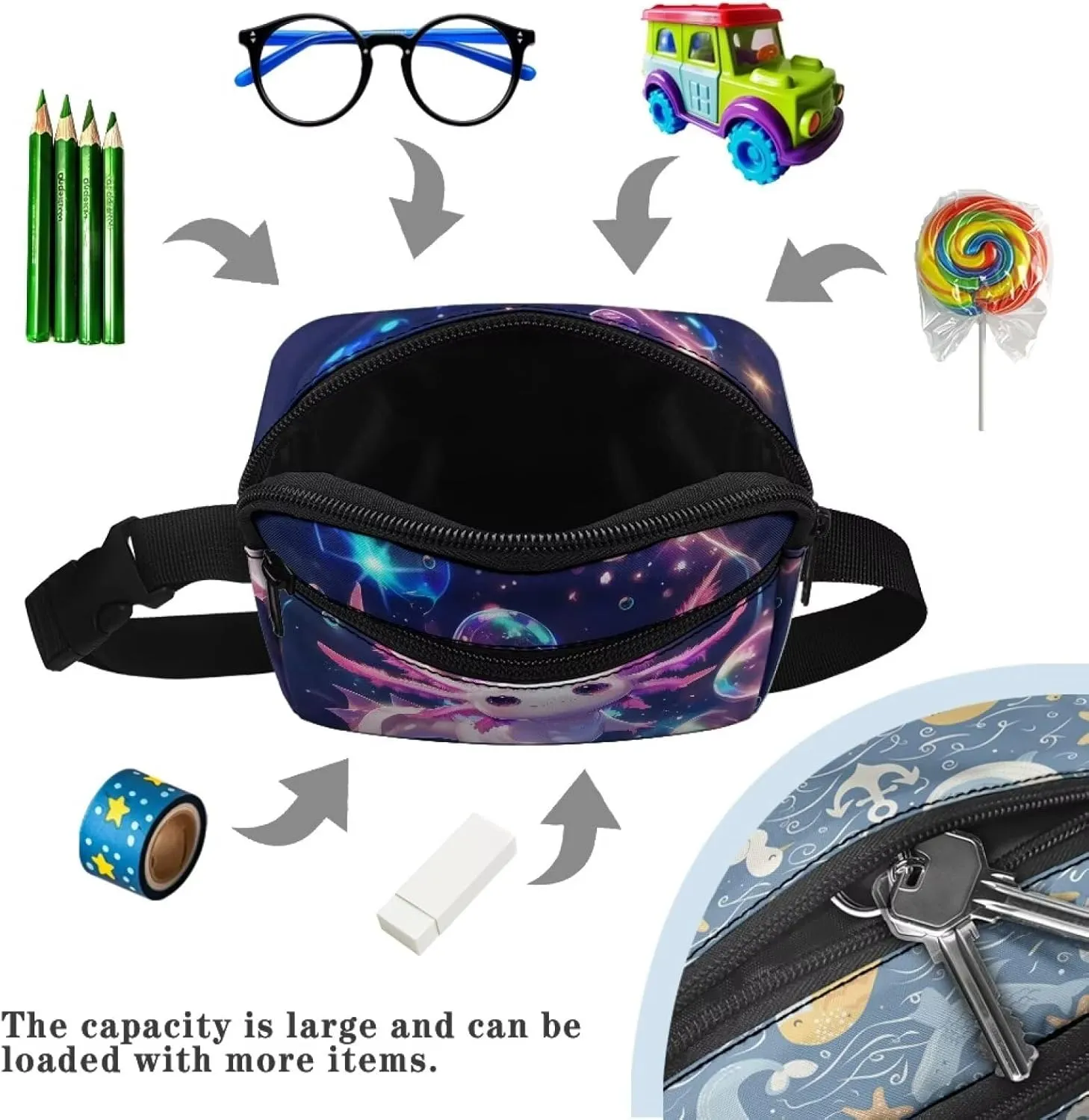 Cozeyat Galaxy Fanny Pack for Girls 6-8 8-10 10-12 Axolotl Girls Cross Body Purse Bum Bag Cute Cartoon Wasit Bag Travel Belt Bag for Outdoor Activity