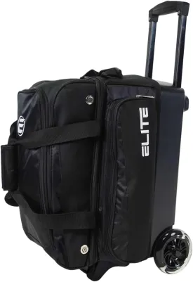 ELITE Deluxe 2 Ball Bowling Bag with 5" Smooth Wheels - Large Accessory Pocket, Shoe Compartment, 36" Extendable Handle