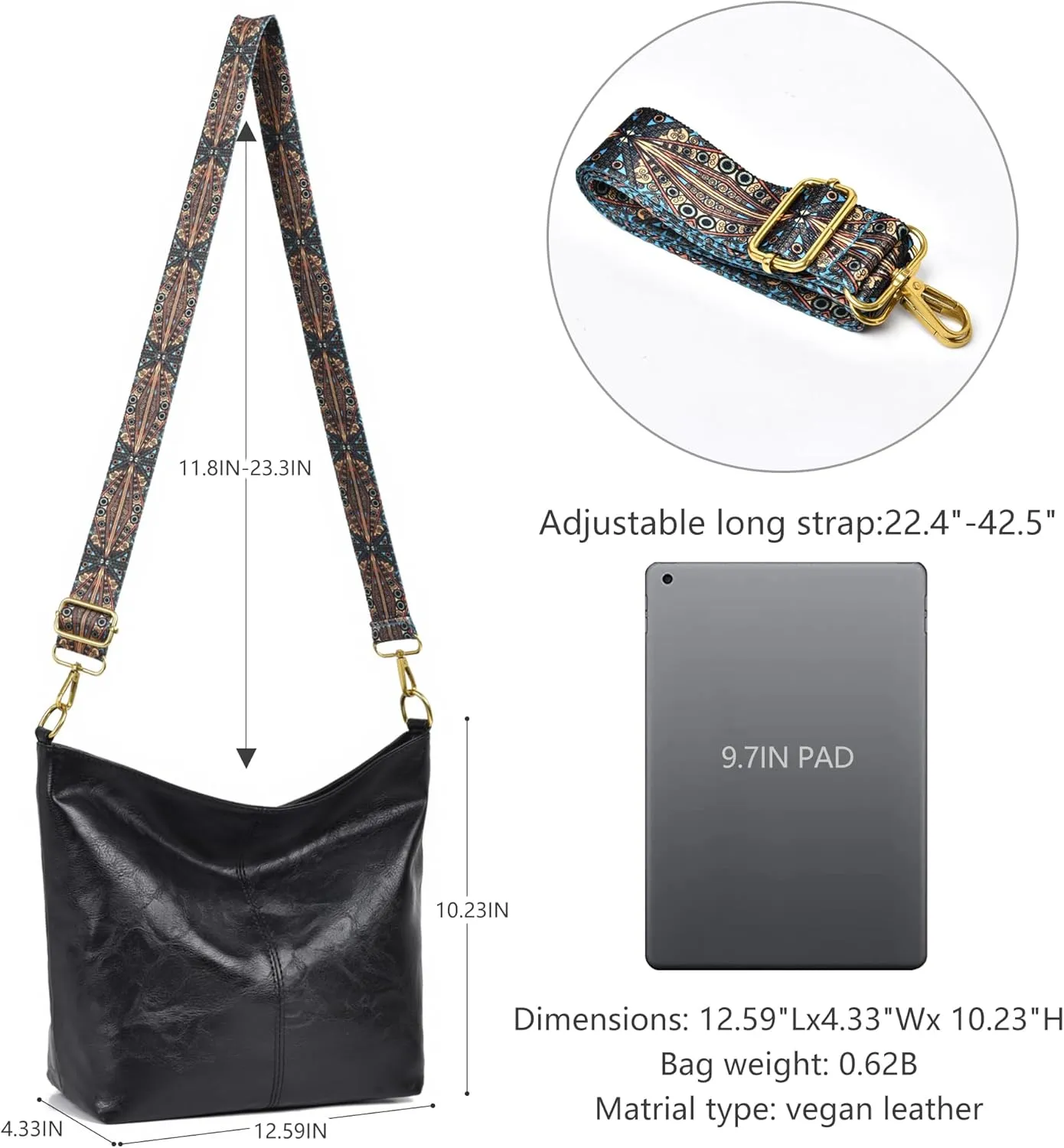 Fashion Hobo Bags for Women Vegan Leather Crossbody Bag with Guitar Strap Shoulder Purses and Handbags