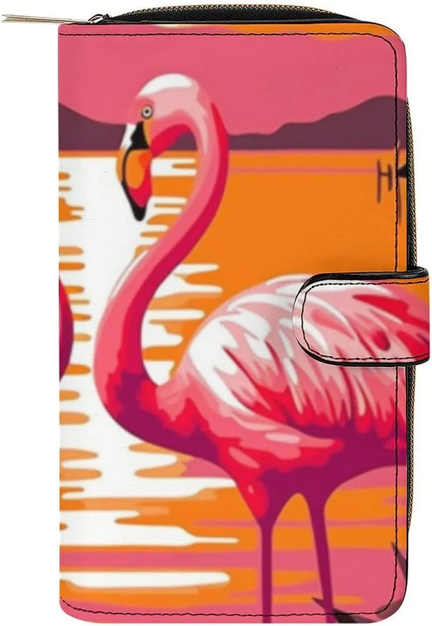 Flamingo Sunset Pattern Long Wallet for Men Women, PU Leather Large Travel Long Purse Clutch with Zipper