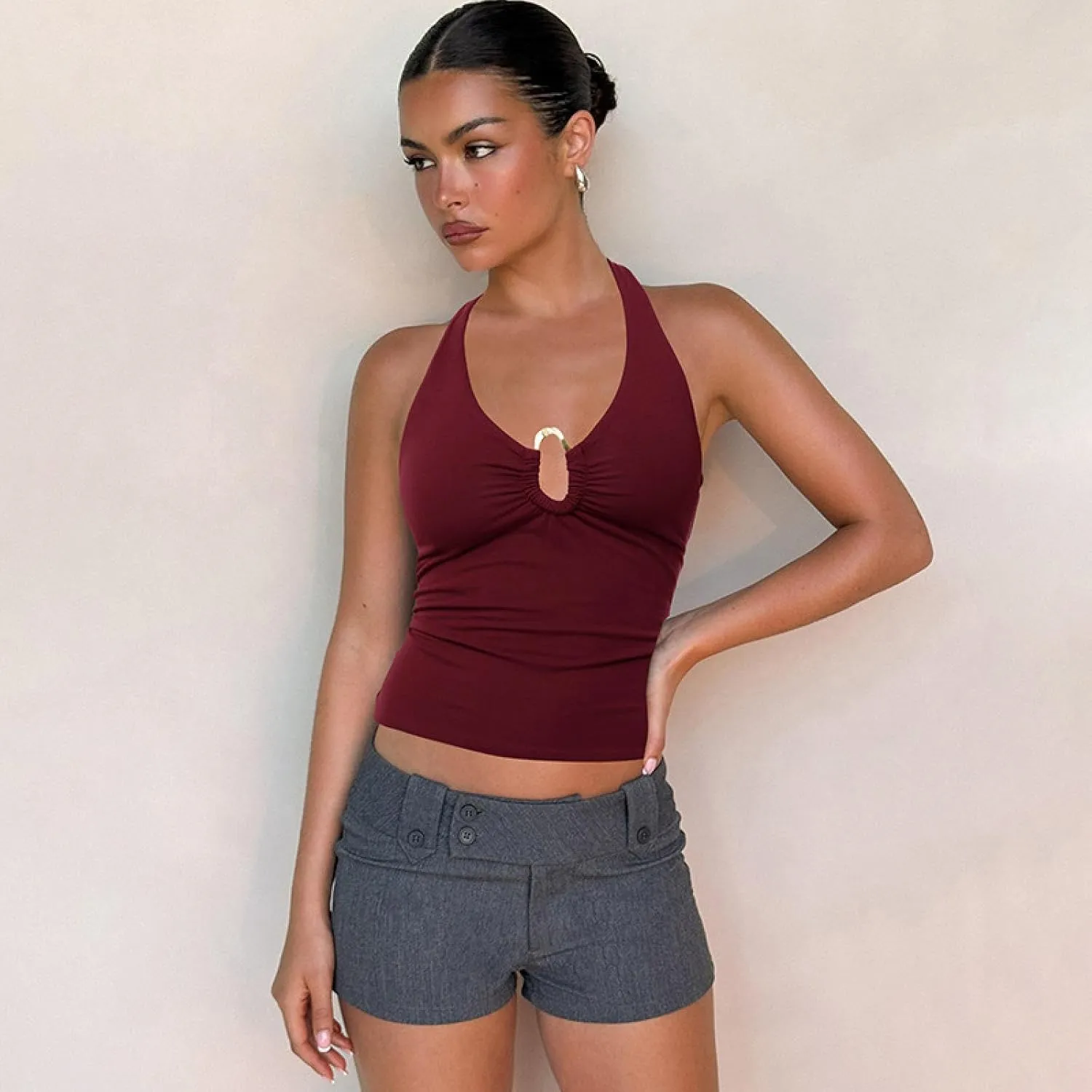 Halterneck backless lace-up slim vest