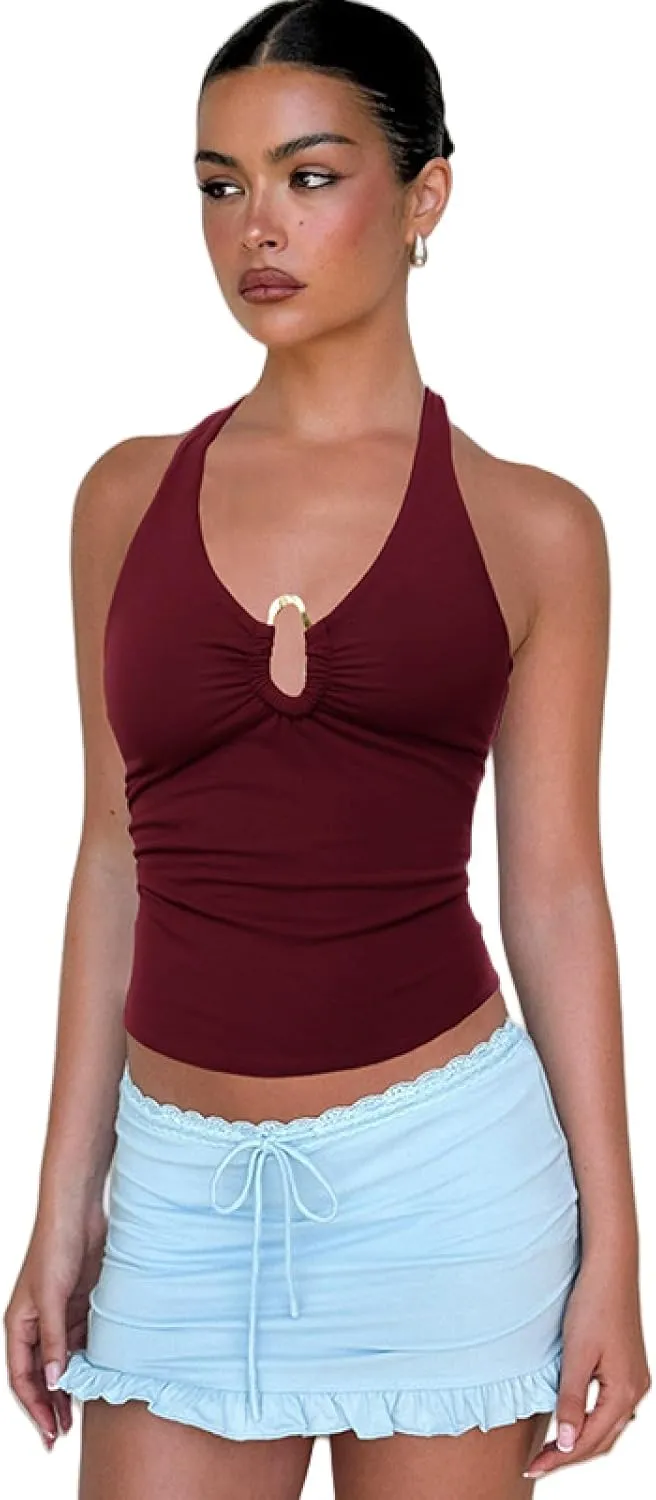 Halterneck backless lace-up slim vest