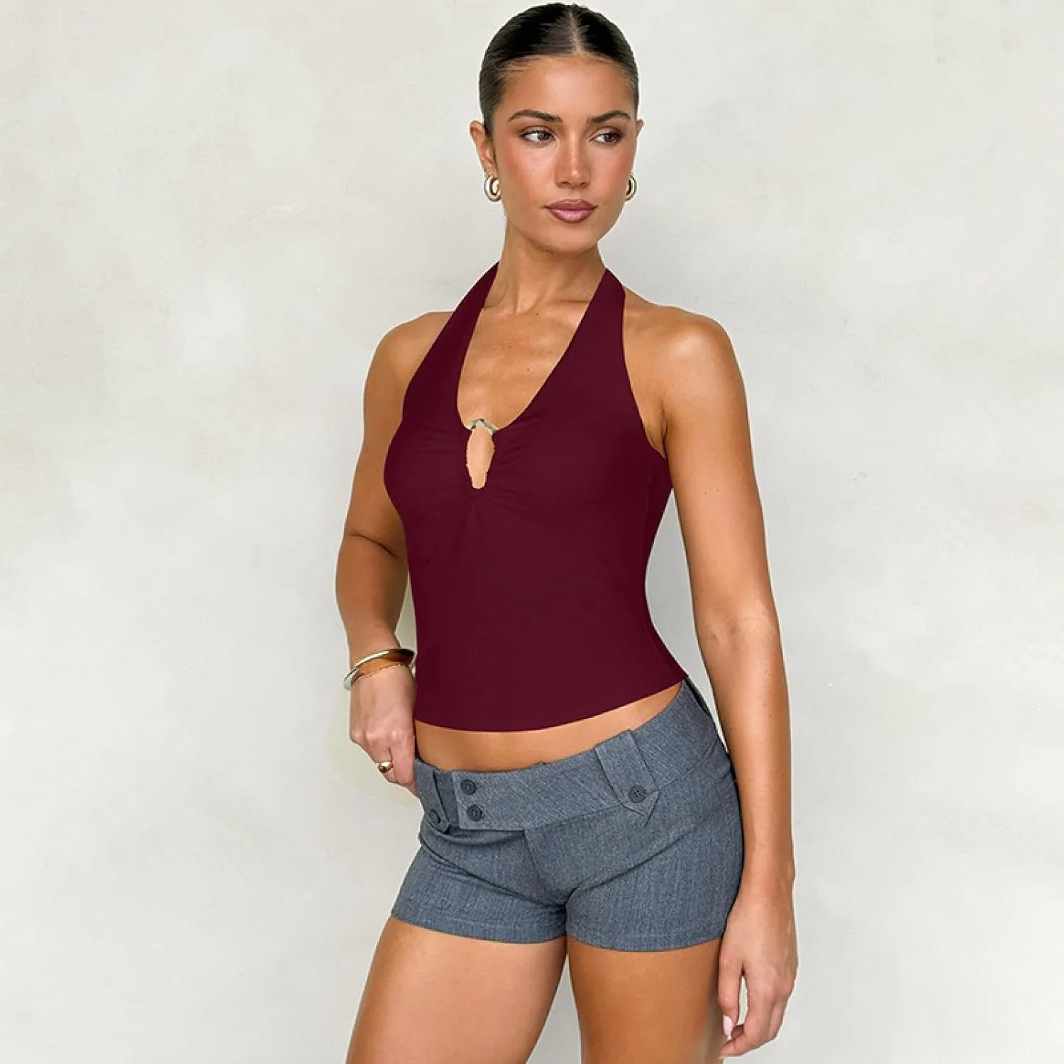 Halterneck backless lace-up slim vest