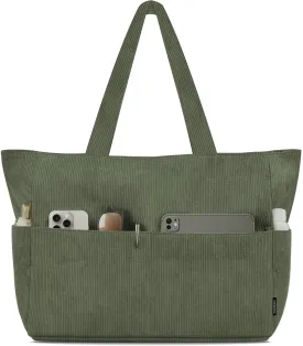 HOMESPON Large Corduroy Tote Bag for Women Everyday Shoulder Bag with Pockets and Zipper for Work Travel Vacation