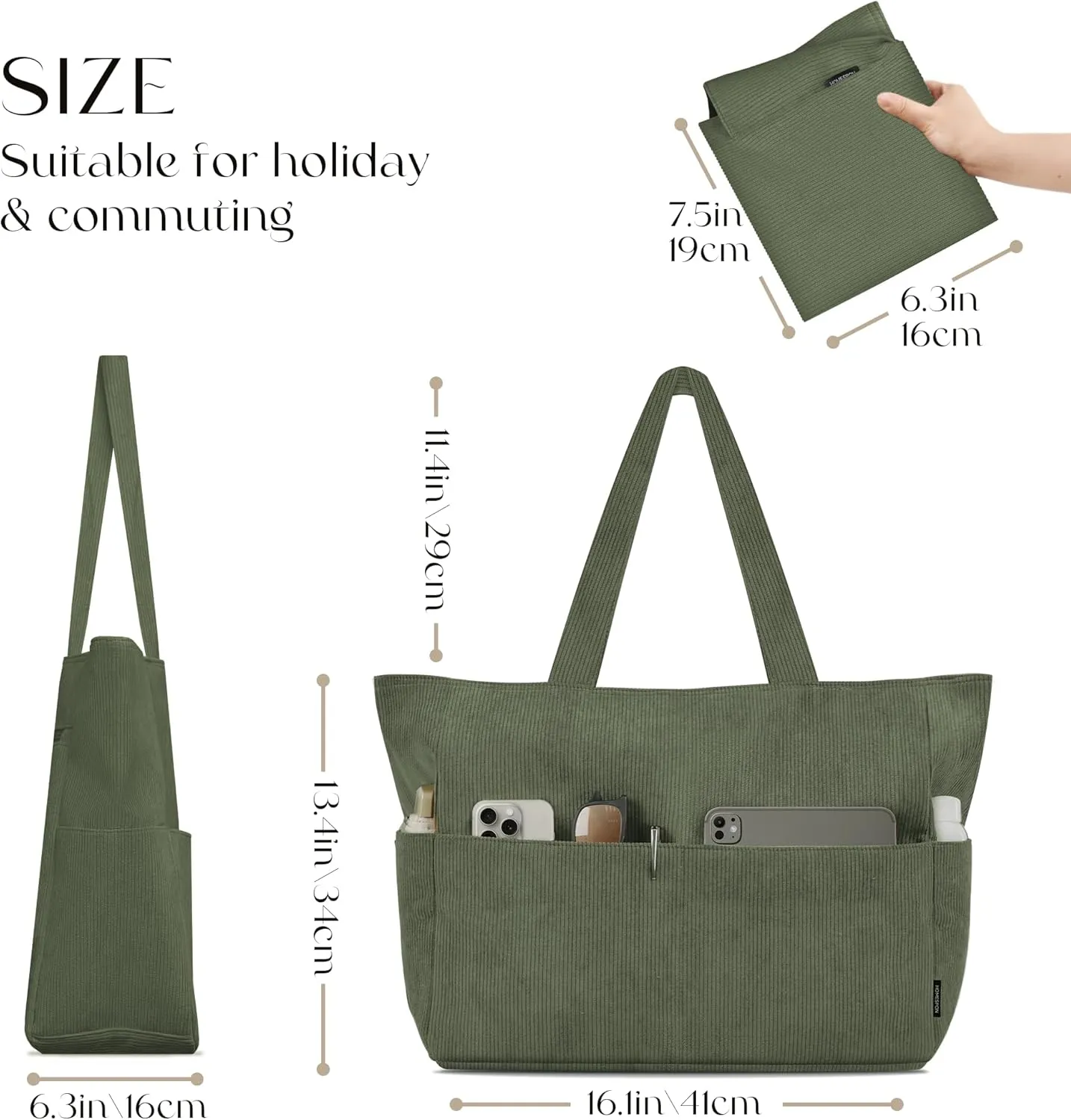 HOMESPON Large Corduroy Tote Bag for Women Everyday Shoulder Bag with Pockets and Zipper for Work Travel Vacation