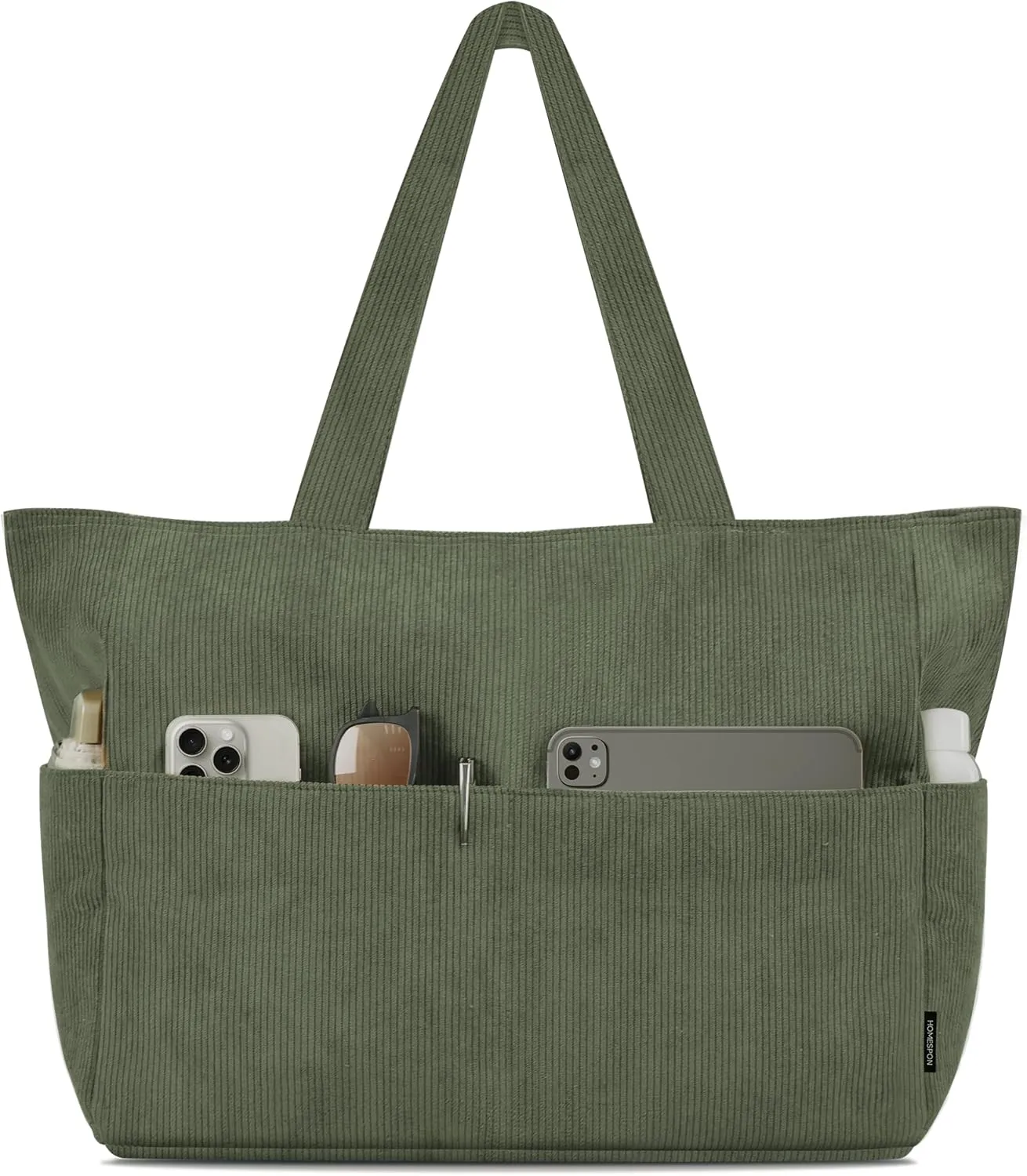 HOMESPON Large Corduroy Tote Bag for Women Everyday Shoulder Bag with Pockets and Zipper for Work Travel Vacation