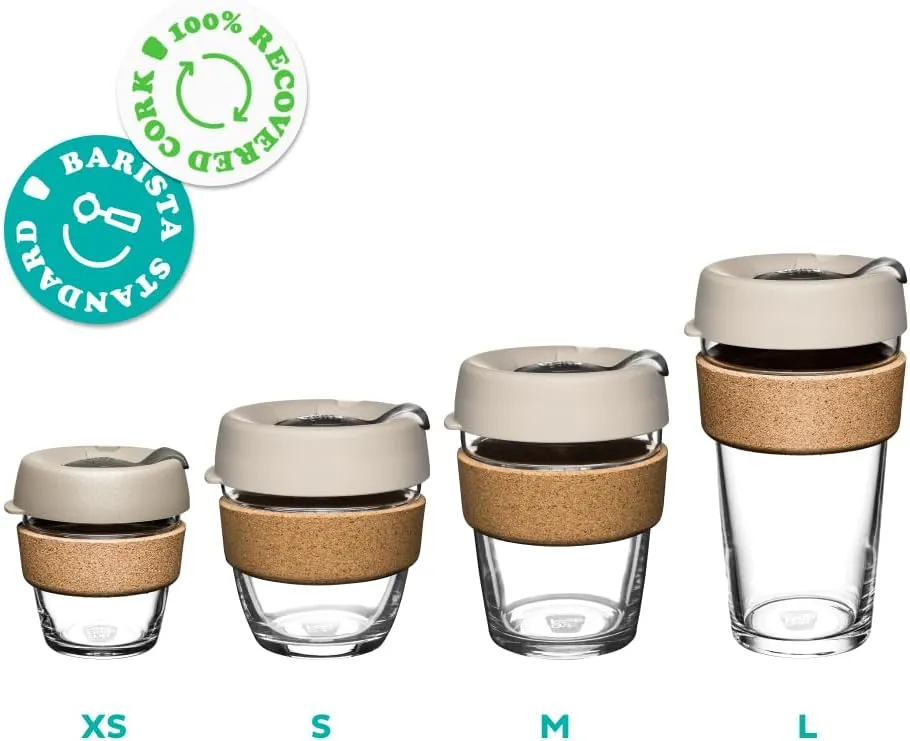 KeepCup Brew Cork - Reusable Coffee Cup Tempered Glass and Natural Cork, M 12oz/340ml - Frappe