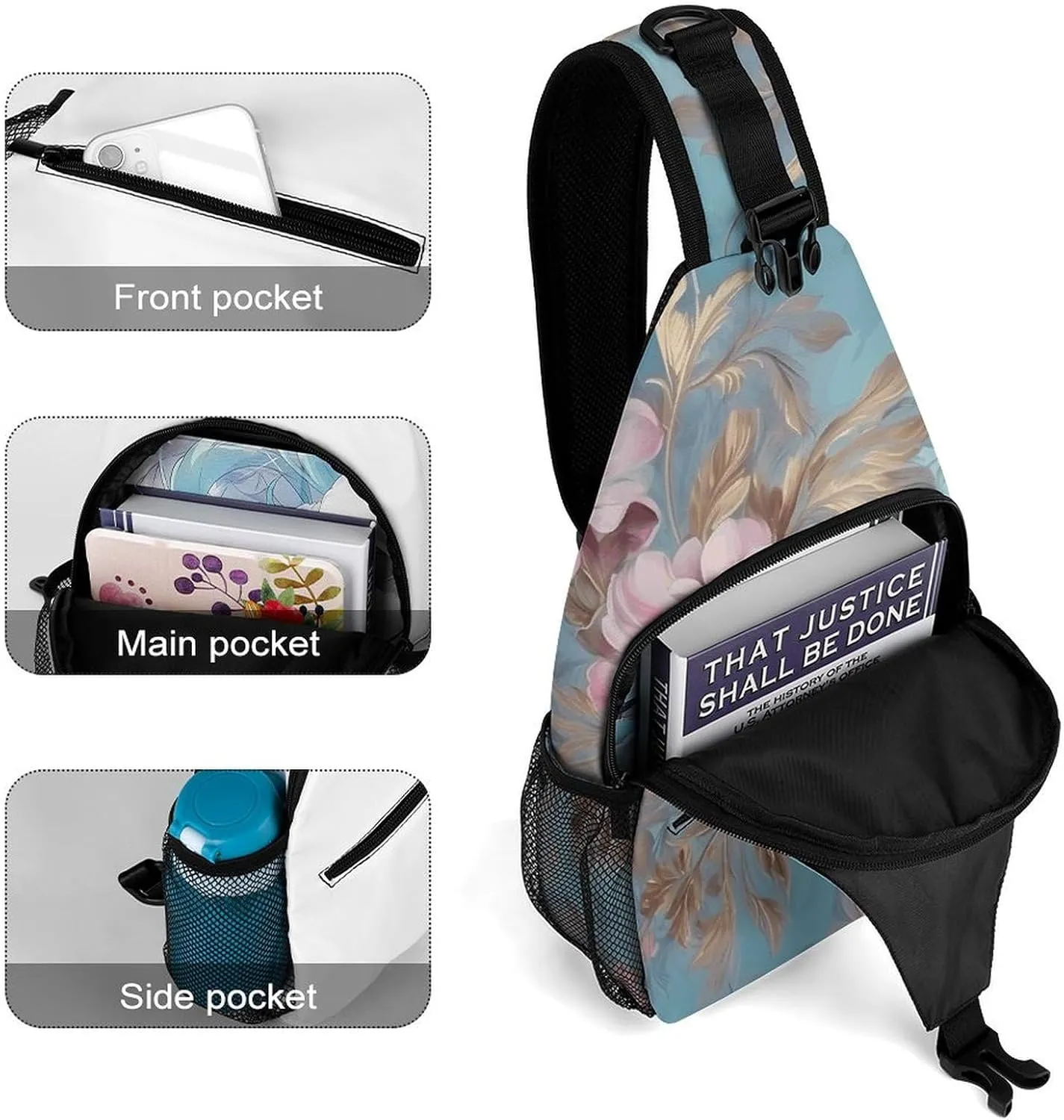 Lightweight Chest Bag Crossbody Bag Drawn Flowers Sling Backpack for Women Men Sports Travel