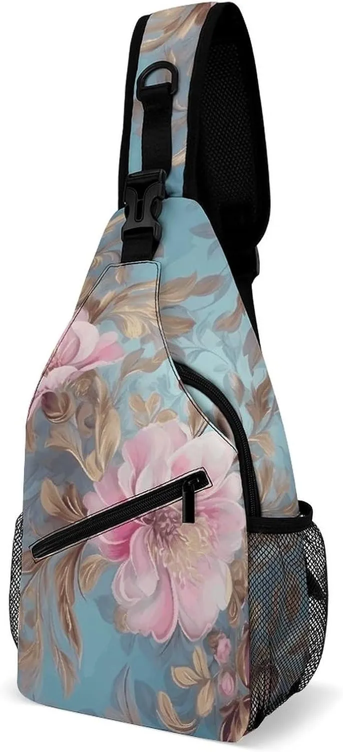 Lightweight Chest Bag Crossbody Bag Drawn Flowers Sling Backpack for Women Men Sports Travel