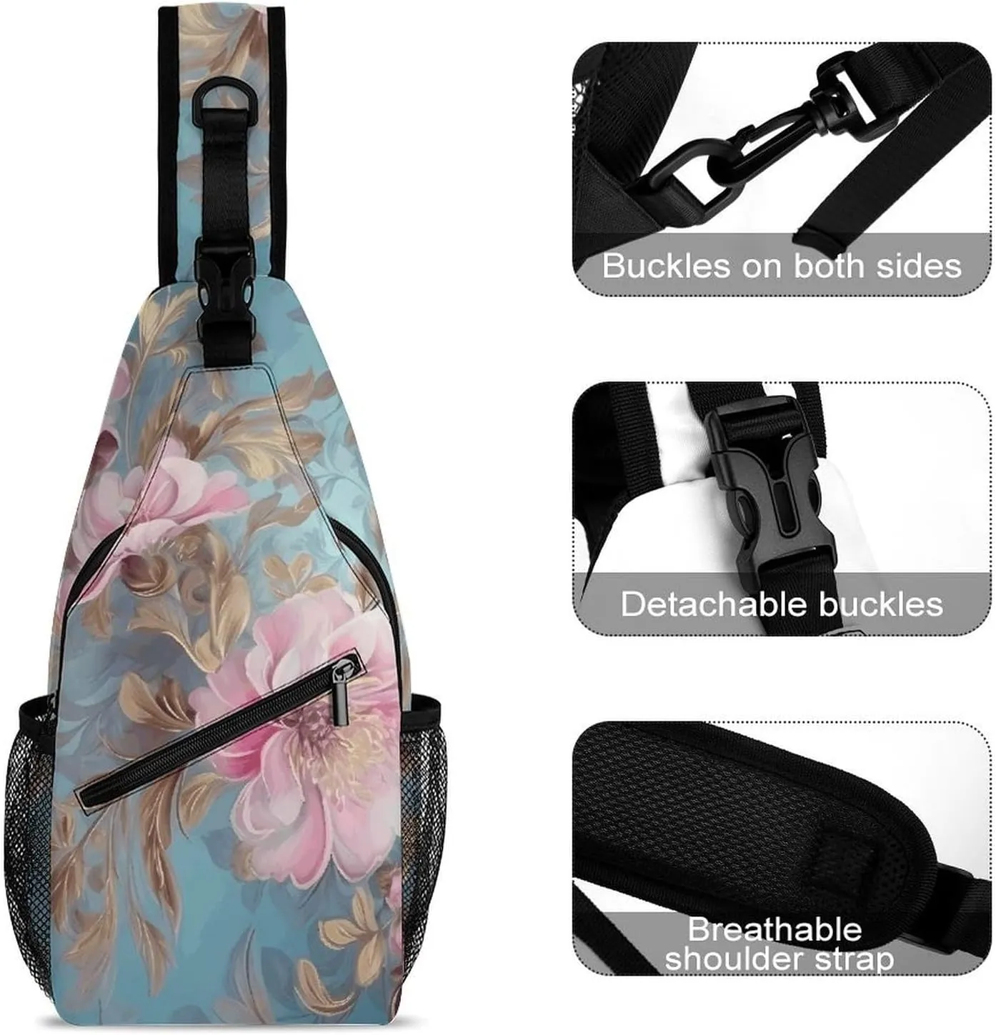 Lightweight Chest Bag Crossbody Bag Drawn Flowers Sling Backpack for Women Men Sports Travel