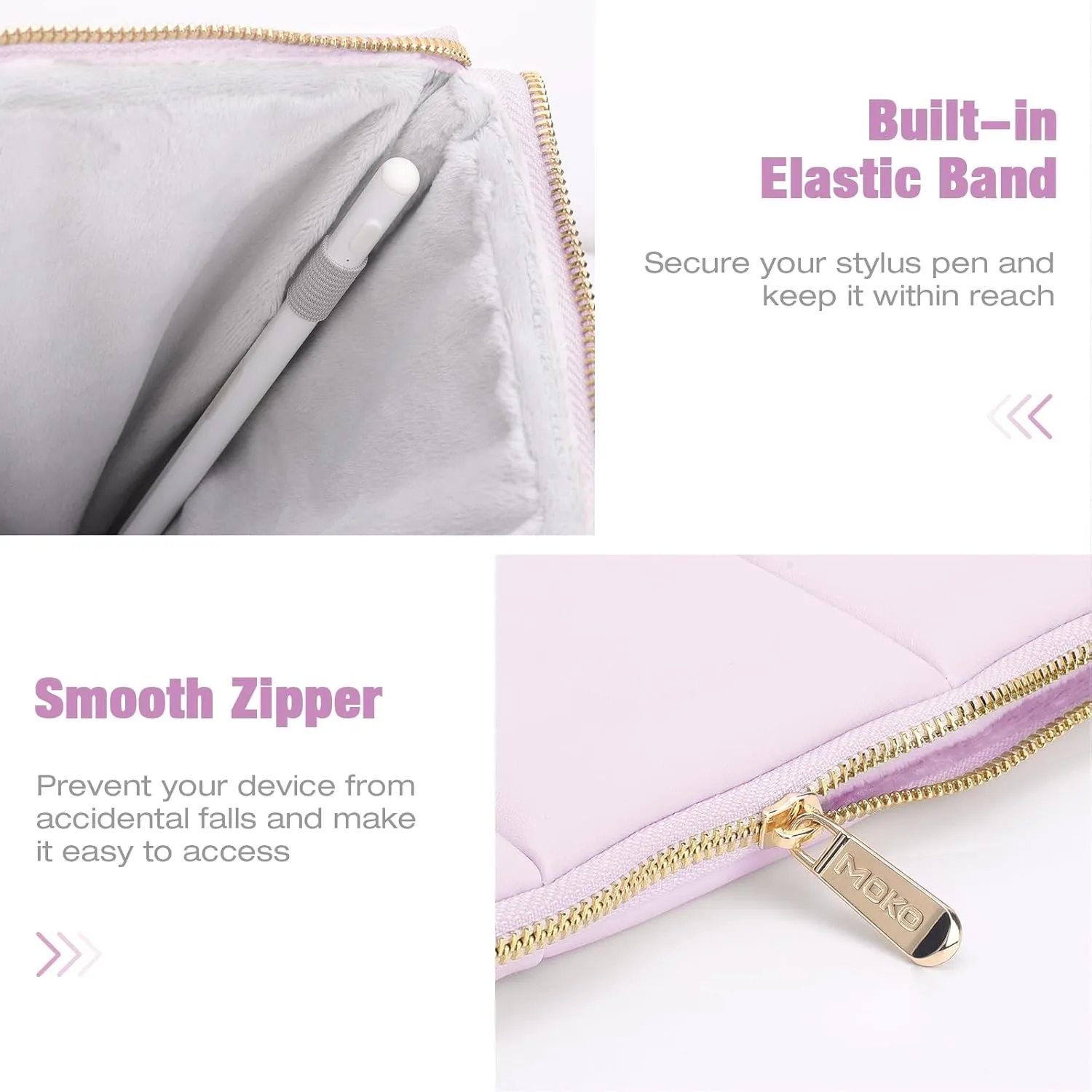 MoKo 9-11 Inch Puffy Tablet Sleeve Bag Fit with New iPad Air/Pro 11 inch, iPad 10th Gen 10.9, iPad Pro 11, iPad Air 4/5th Gen 10.9, Built-in Elastic Band, PU Leather Carrying Case, Light Pink Purple