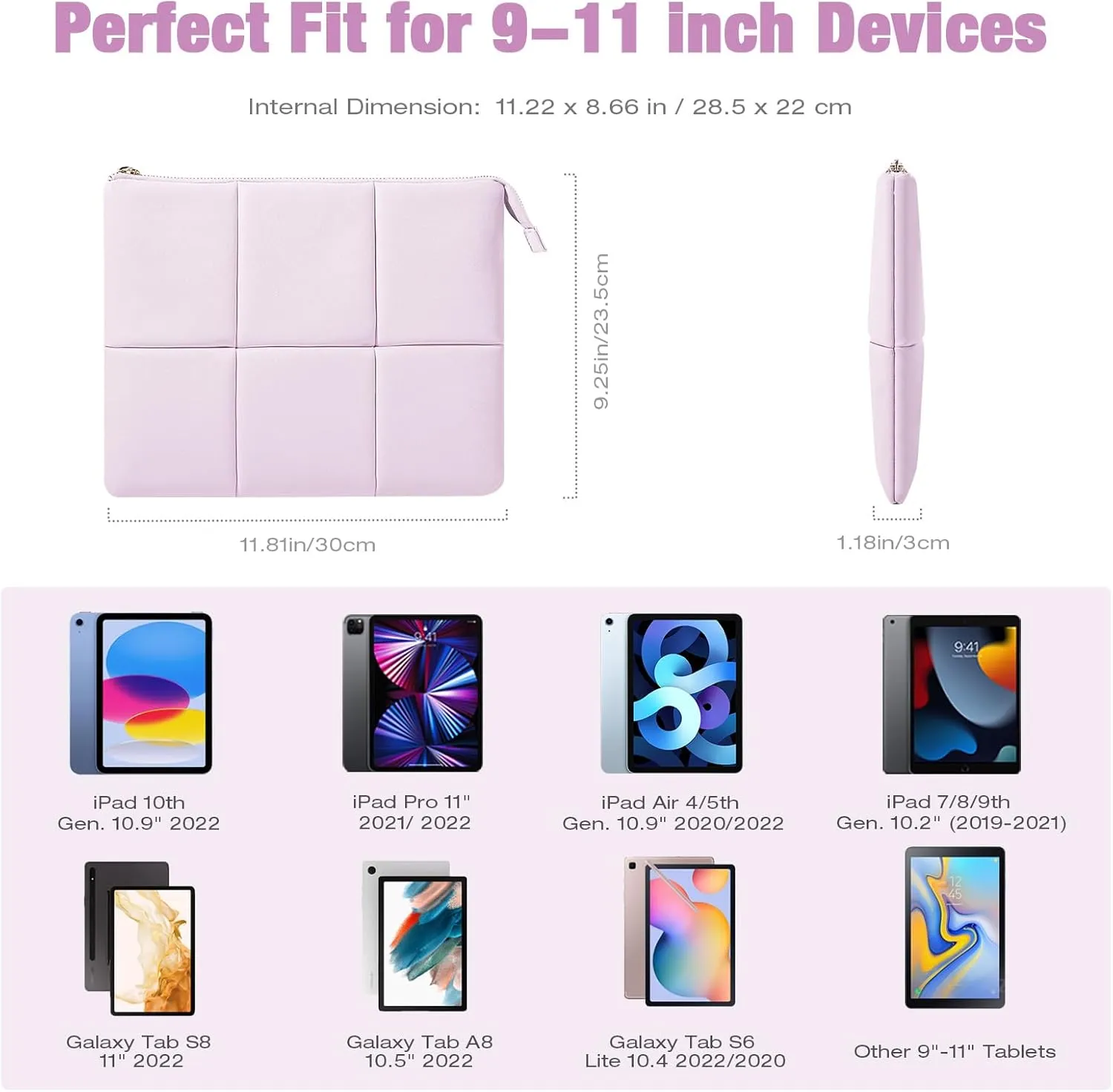 MoKo 9-11 Inch Puffy Tablet Sleeve Bag Fit with New iPad Air/Pro 11 inch, iPad 10th Gen 10.9, iPad Pro 11, iPad Air 4/5th Gen 10.9, Built-in Elastic Band, PU Leather Carrying Case, Light Pink Purple