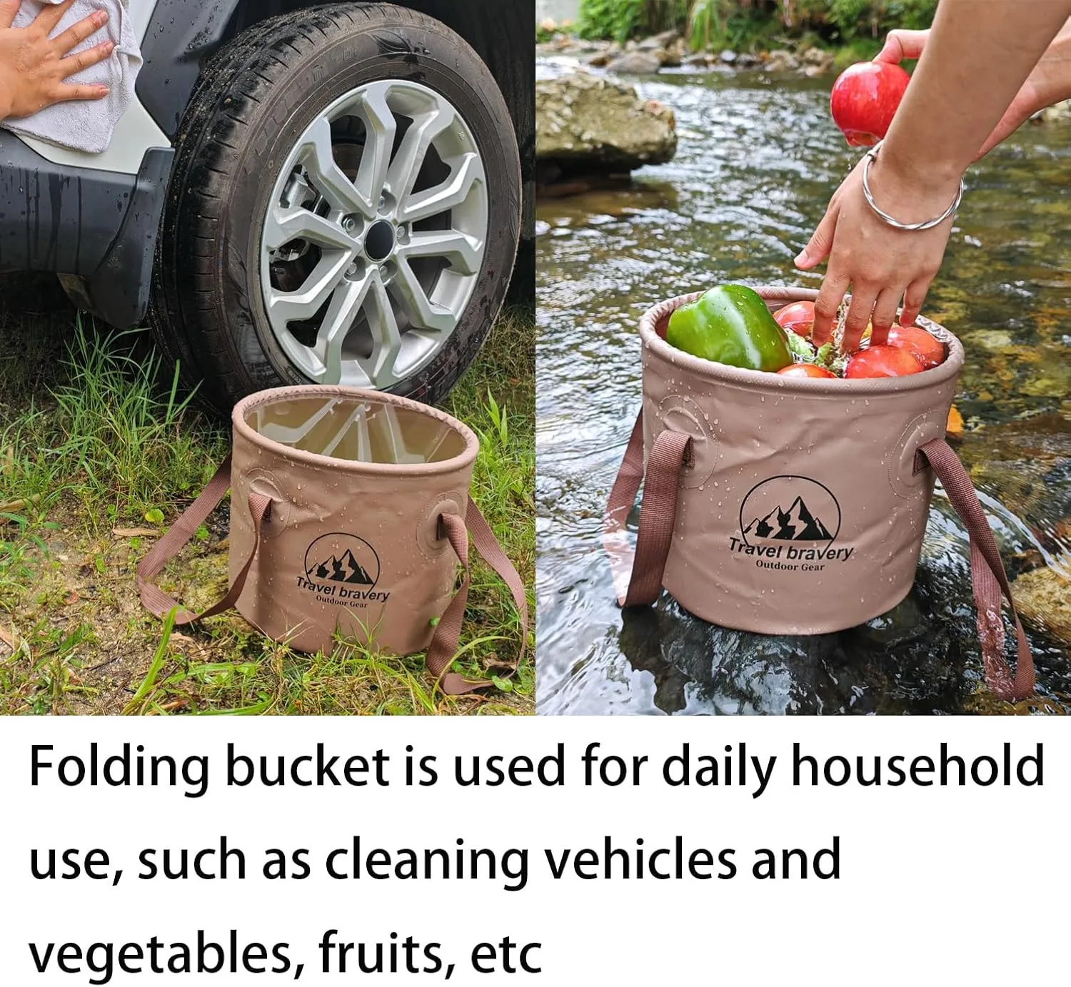 Outdoor Portable Folding Bucket, Picnic, Fishing Bucket, Water Bucket, Large Capacity Handheld Bucket, Suitable for Camping, Hiking, Water Filling, Vegetables and Fruits (Coffeecolour, 20L)