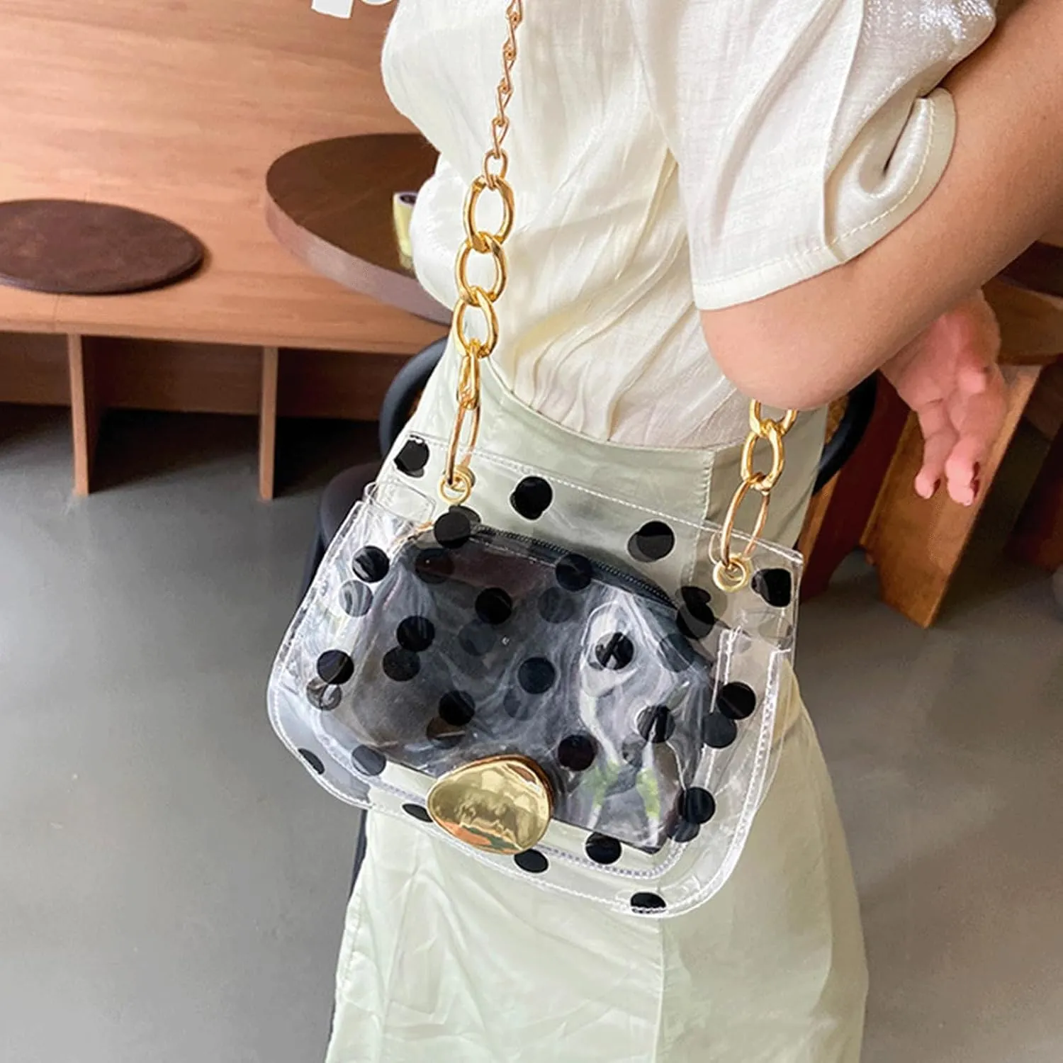 Polka Dot Purse Clear PVC Retro Crossbody Jelly Bag with Chain Mini Shoulder Handbag for Women Casual Daily Travel Use