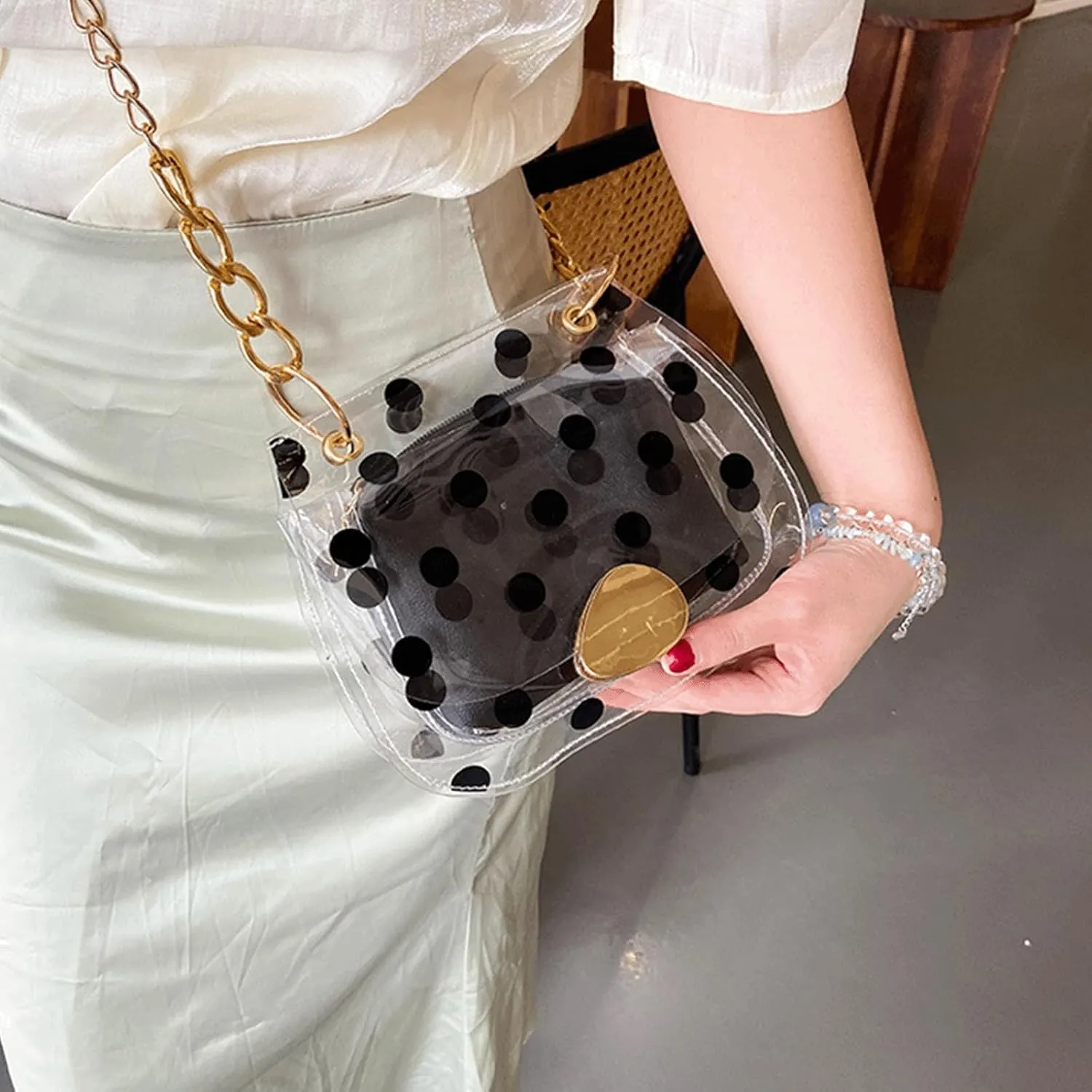 Polka Dot Purse Clear PVC Retro Crossbody Jelly Bag with Chain Mini Shoulder Handbag for Women Casual Daily Travel Use
