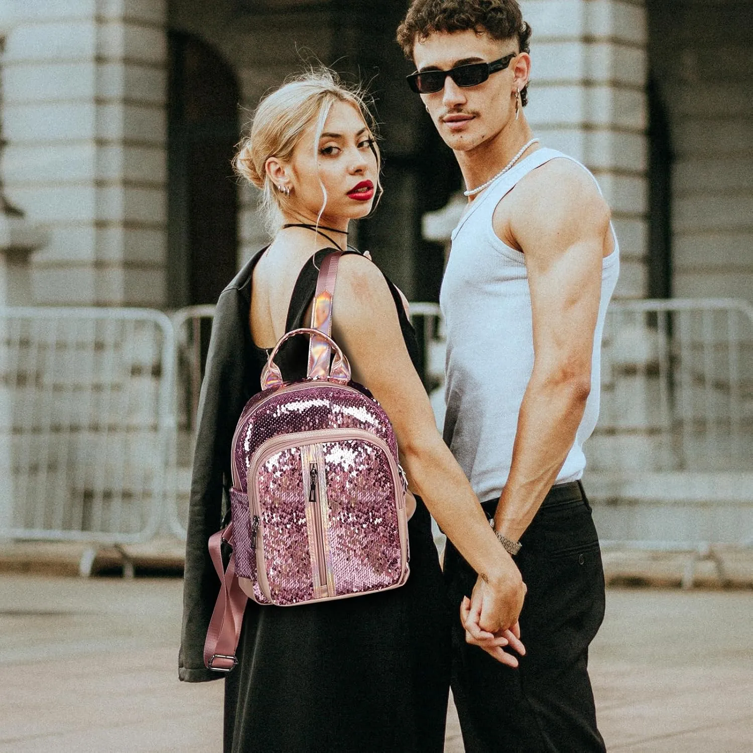 Sequin Backpack 11" Mini Sequin Backpack Glitter Backpack Fashion Backpack Purse School Bookbag for Girls Kids Women Ladies - Rose Pink