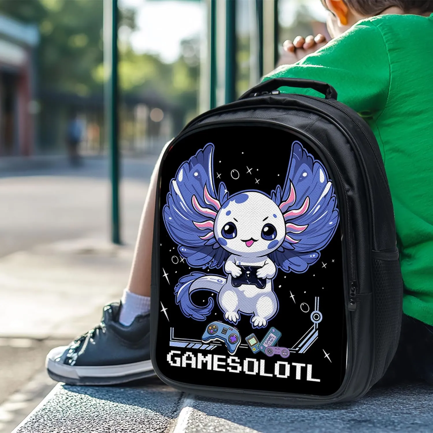 Tijuboni Kids Backpack for School Boys and Girls - 3pcs, Axolotl Gaming School Backpack with Lunch Box and Pencil Case for Children Teens 16 Inch Large Capacity