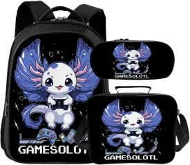 Tijuboni Kids Backpack for School Boys and Girls - 3pcs, Axolotl Gaming School Backpack with Lunch Box and Pencil Case for Children Teens 16 Inch Large Capacity