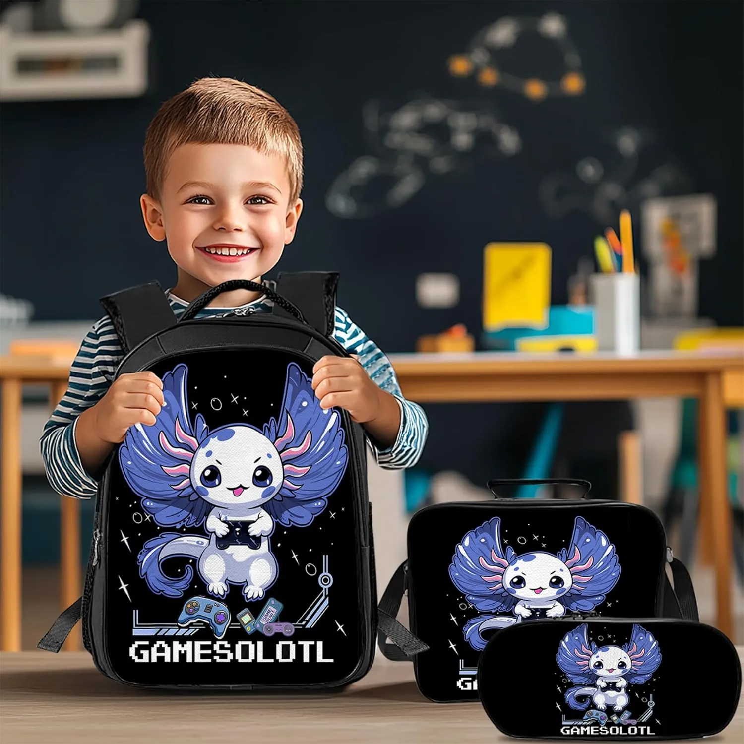 Tijuboni Kids Backpack for School Boys and Girls - 3pcs, Axolotl Gaming School Backpack with Lunch Box and Pencil Case for Children Teens 16 Inch Large Capacity