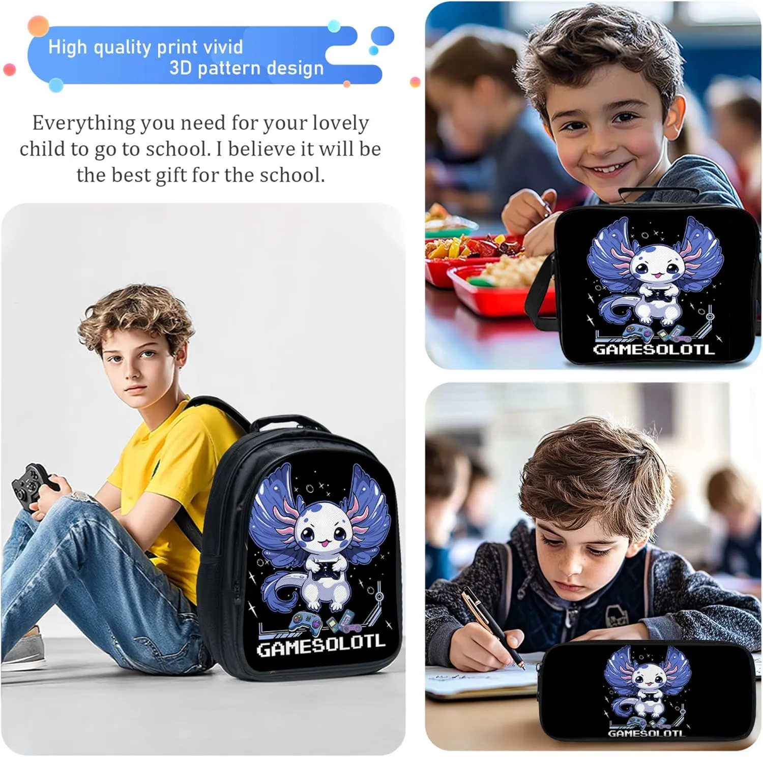 Tijuboni Kids Backpack for School Boys and Girls - 3pcs, Axolotl Gaming School Backpack with Lunch Box and Pencil Case for Children Teens 16 Inch Large Capacity