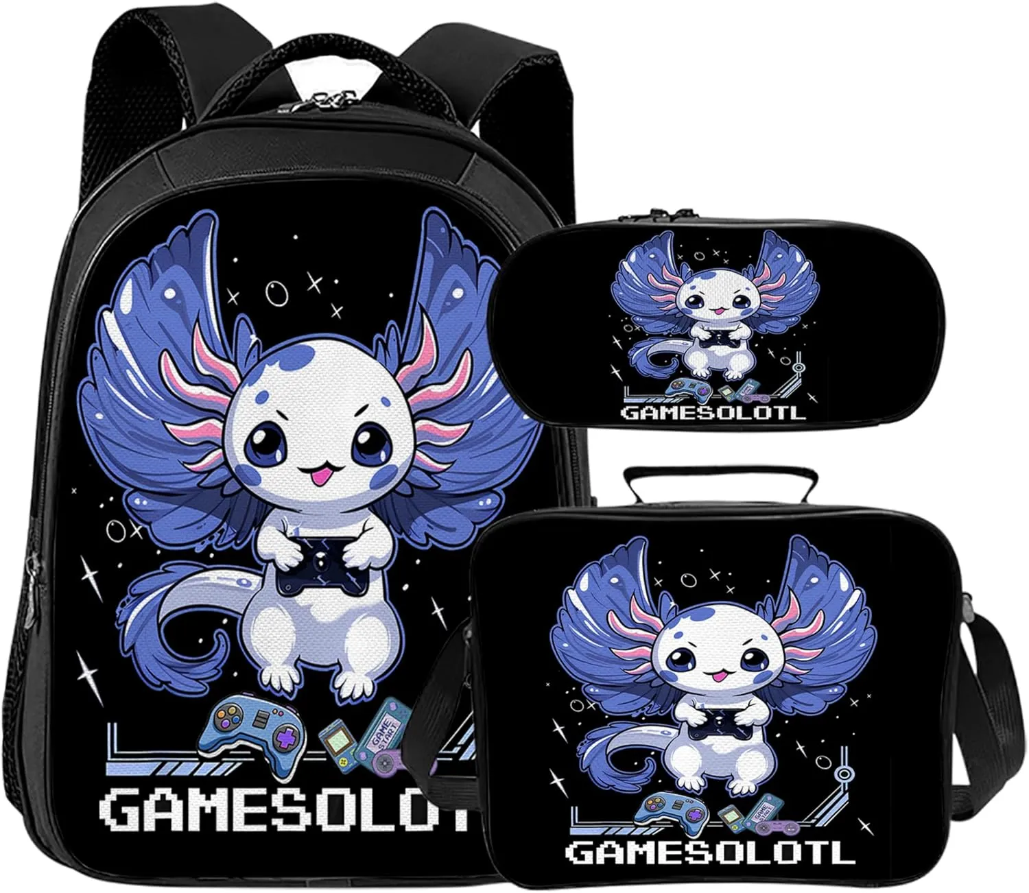 Tijuboni Kids Backpack for School Boys and Girls - 3pcs, Axolotl Gaming School Backpack with Lunch Box and Pencil Case for Children Teens 16 Inch Large Capacity