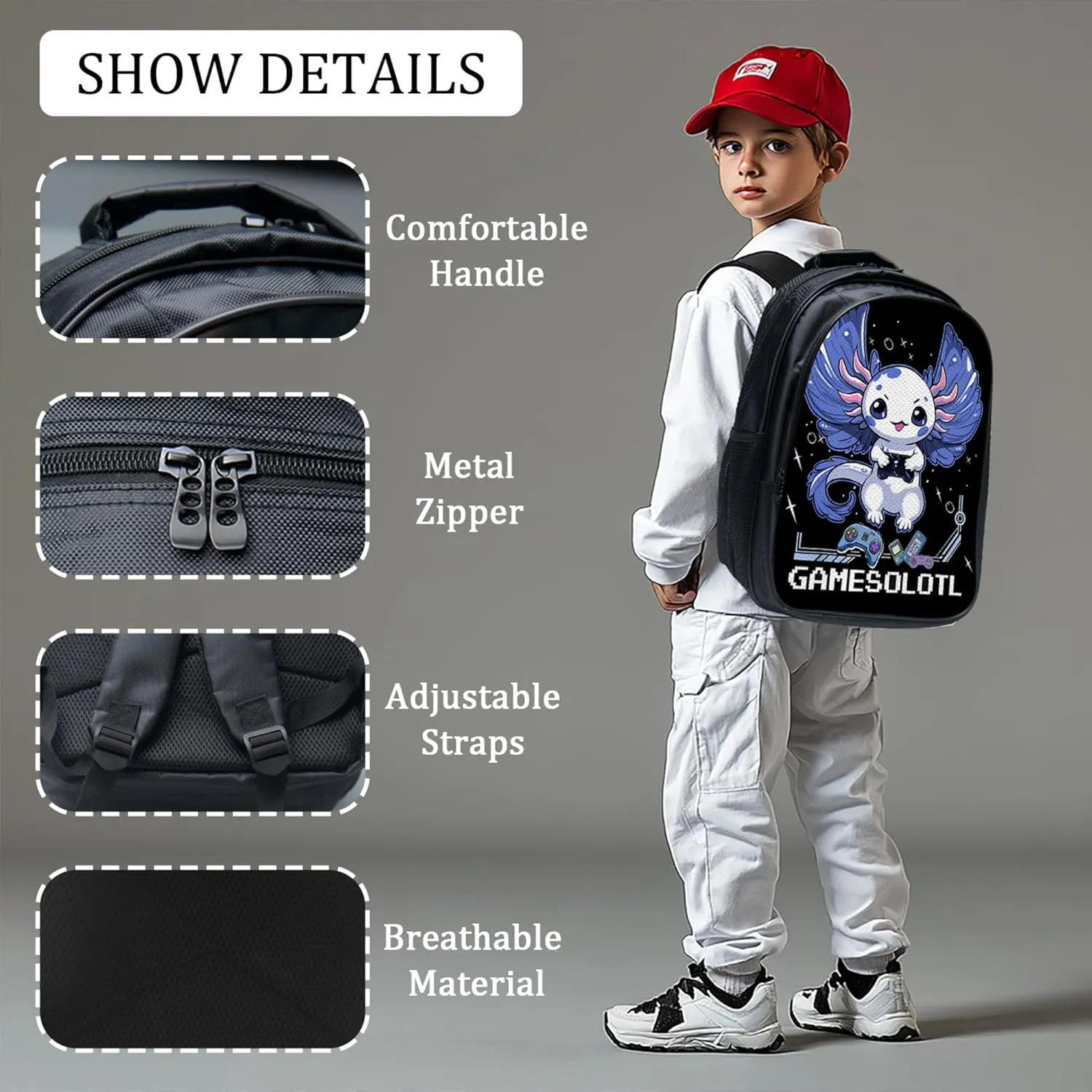 Tijuboni Kids Backpack for School Boys and Girls - 3pcs, Axolotl Gaming School Backpack with Lunch Box and Pencil Case for Children Teens 16 Inch Large Capacity