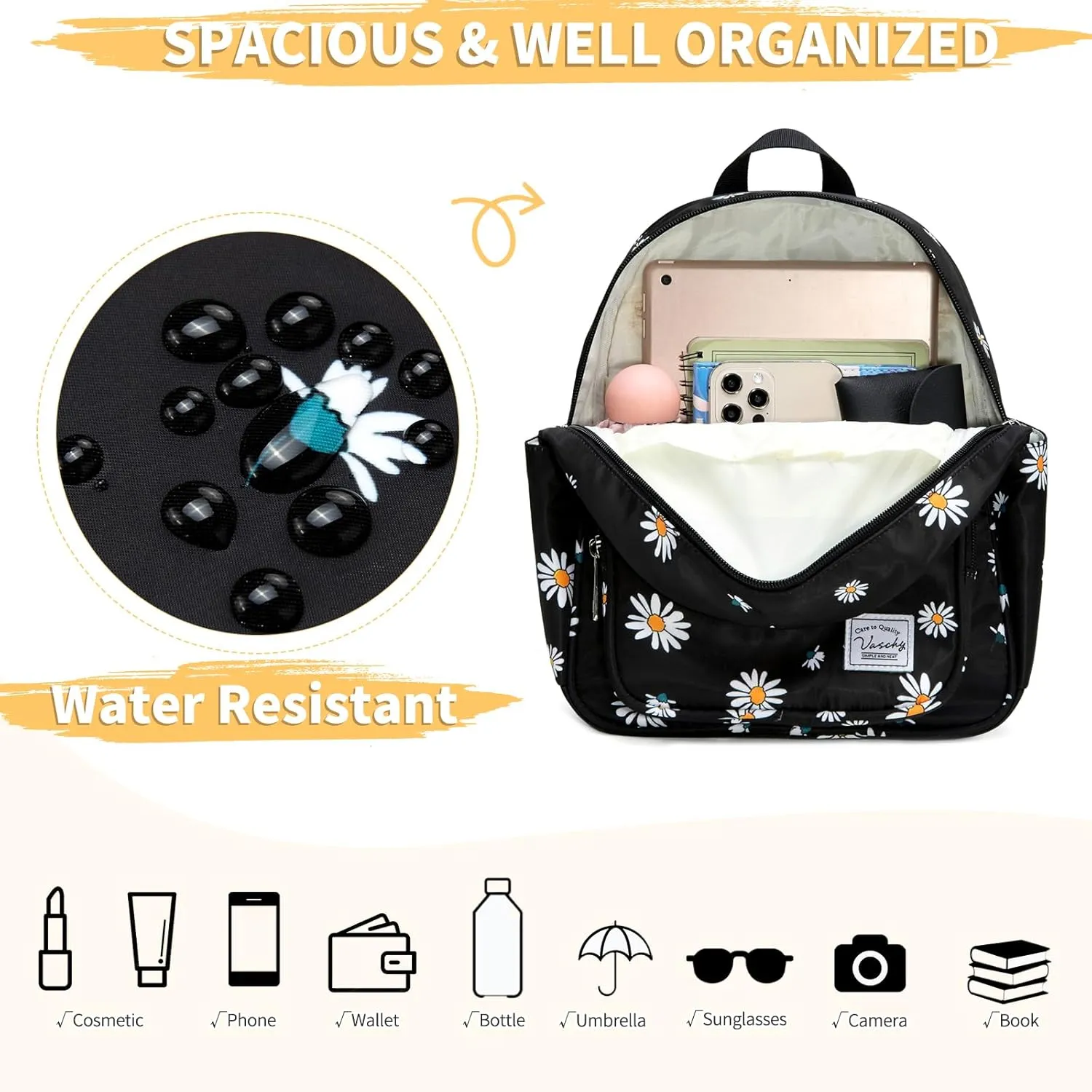 VASCHY Small Backpack for Women, Cute Mini Lightweight Nylon Travel Backpack Purse for Teen Girls Black Daisy
