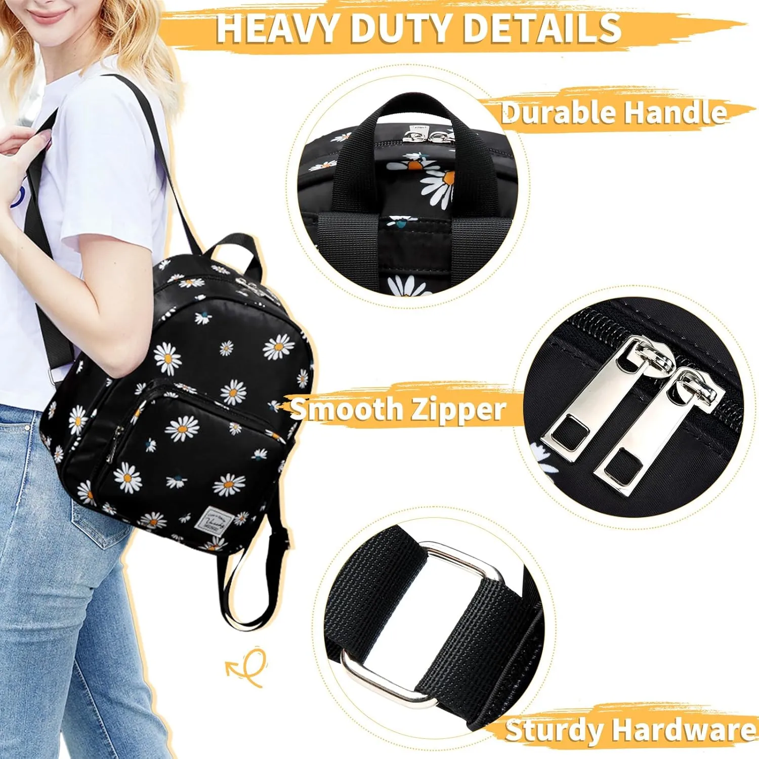 VASCHY Small Backpack for Women, Cute Mini Lightweight Nylon Travel Backpack Purse for Teen Girls Black Daisy