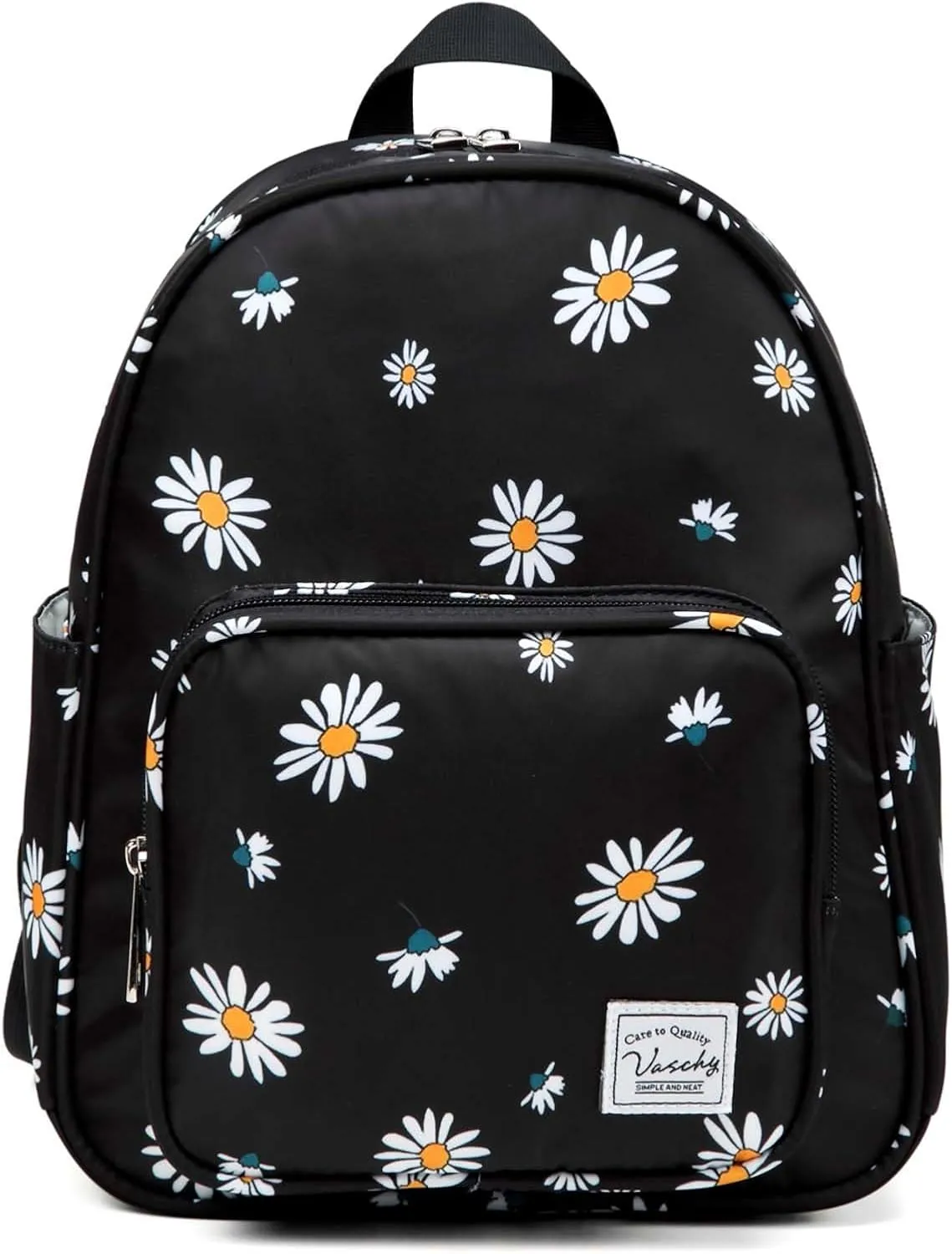 VASCHY Small Backpack for Women, Cute Mini Lightweight Nylon Travel Backpack Purse for Teen Girls Black Daisy