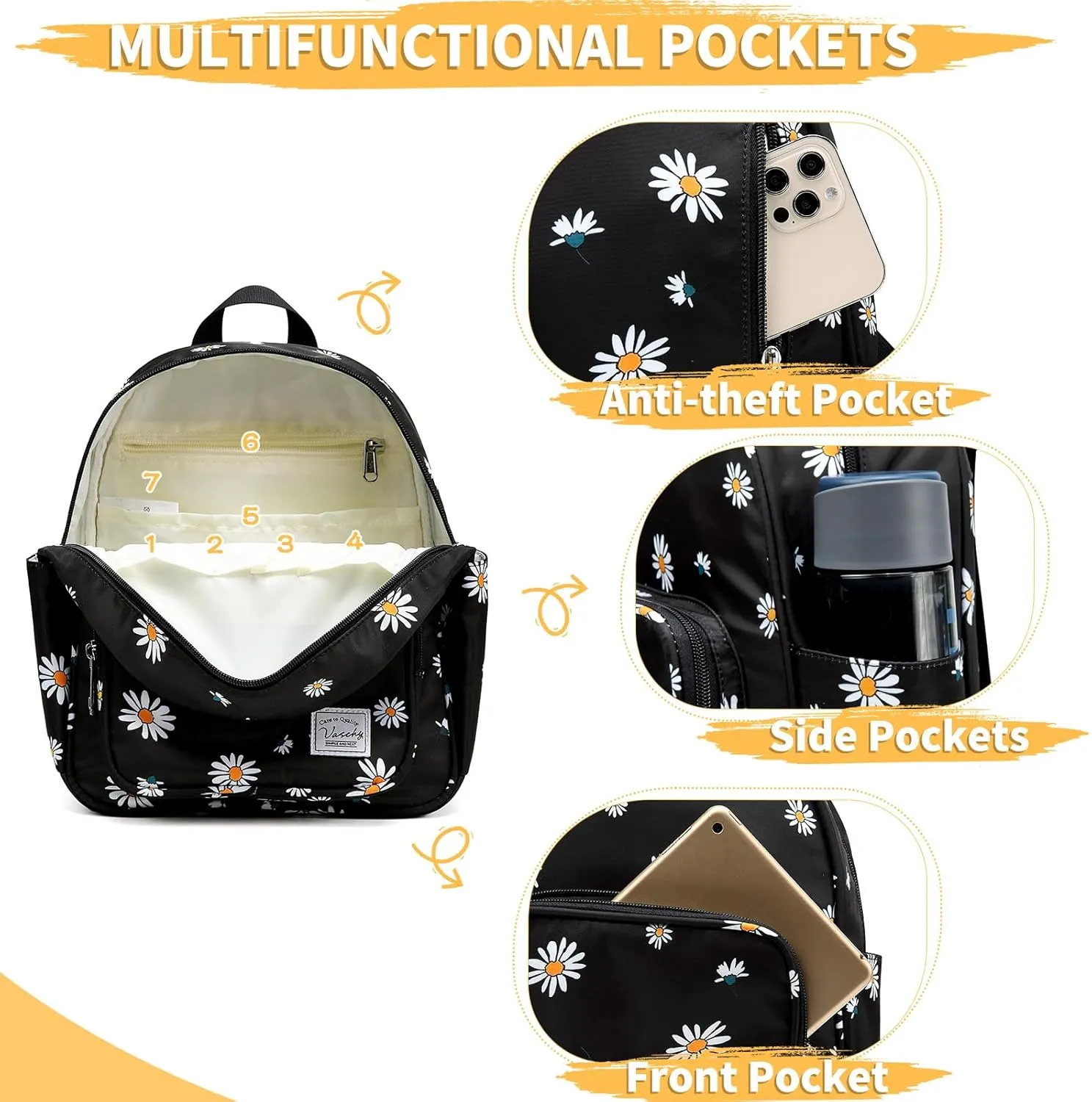 VASCHY Small Backpack for Women, Cute Mini Lightweight Nylon Travel Backpack Purse for Teen Girls Black Daisy