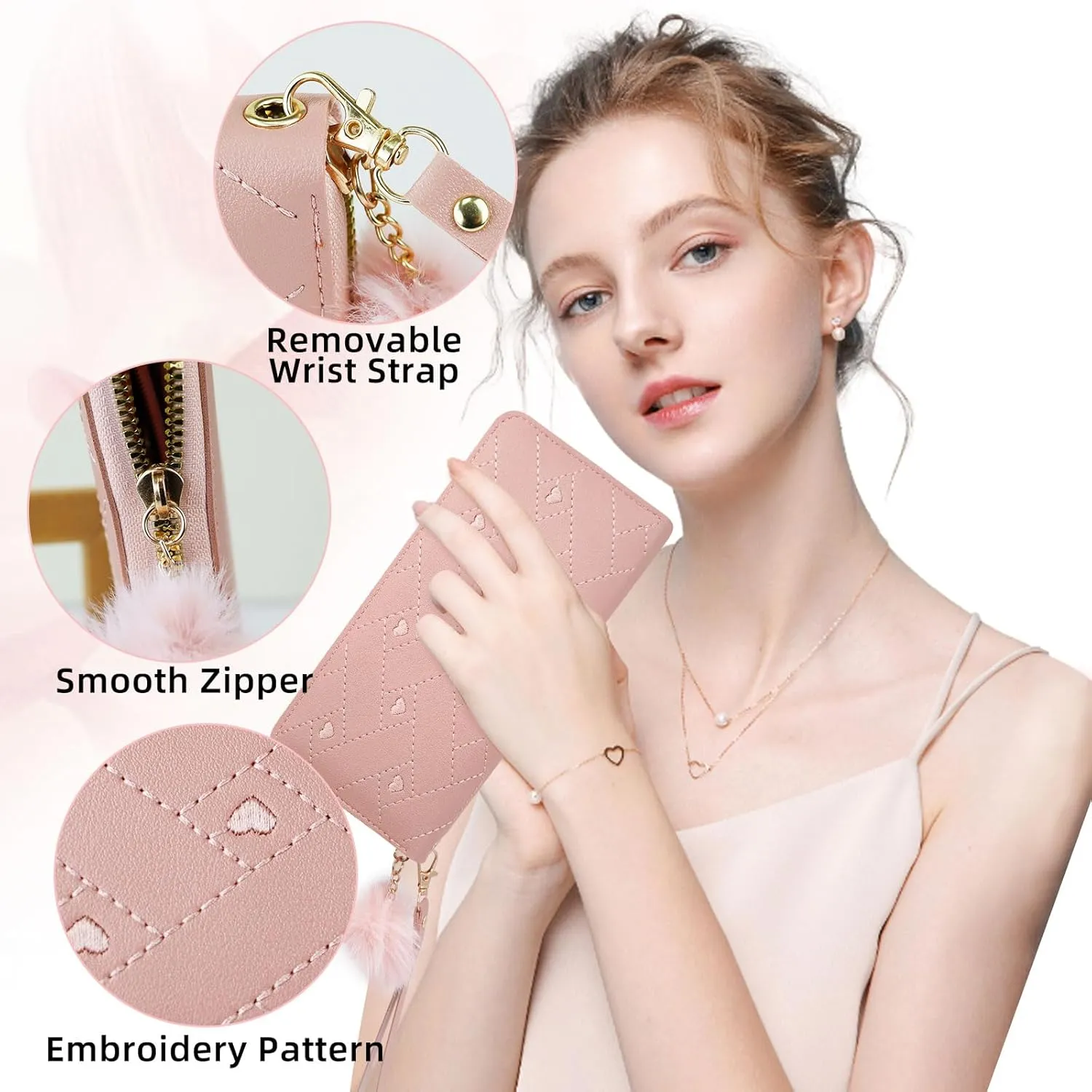 Women's Wallet, Large Capacity Zip Around Wallet Credit Card Holder Long Clutch Wristlet Purse with Wrist Strap